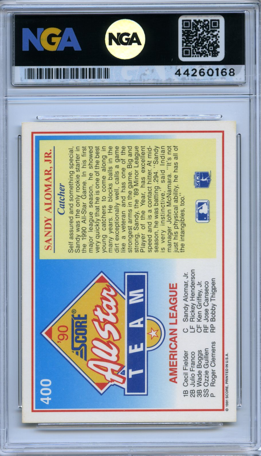 1991 Score #400 Sandy Alomar, Jr. NGA 9