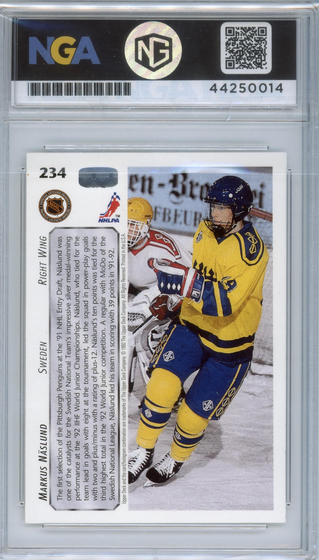 1992-93 Upper Deck #234 Markus Naslund Upper Deck Text and Logo Hologram Other 9