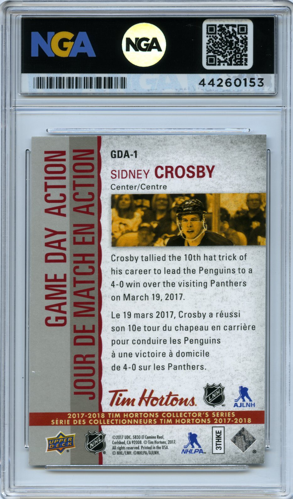 2017-18 Upper Deck Tim Hortons #GDA-1 Sidney Crosby Game Day Action Other 10