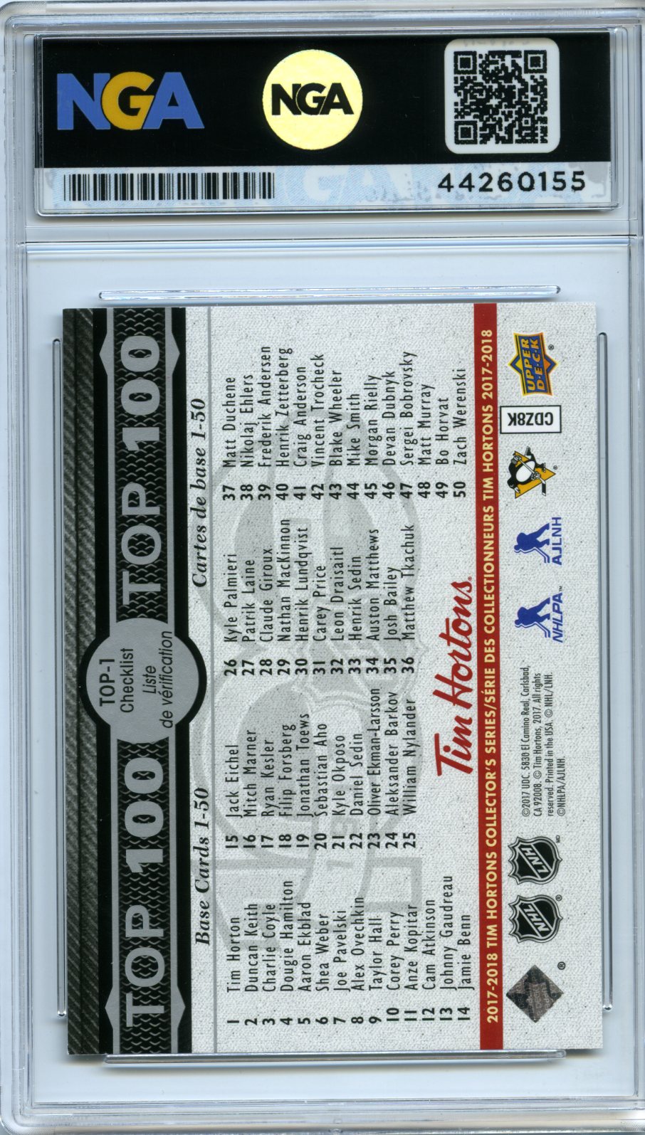 2017-18 Upper Deck Tim Hortons #TOP-1 Sidney Crosby Top 100 Other 10