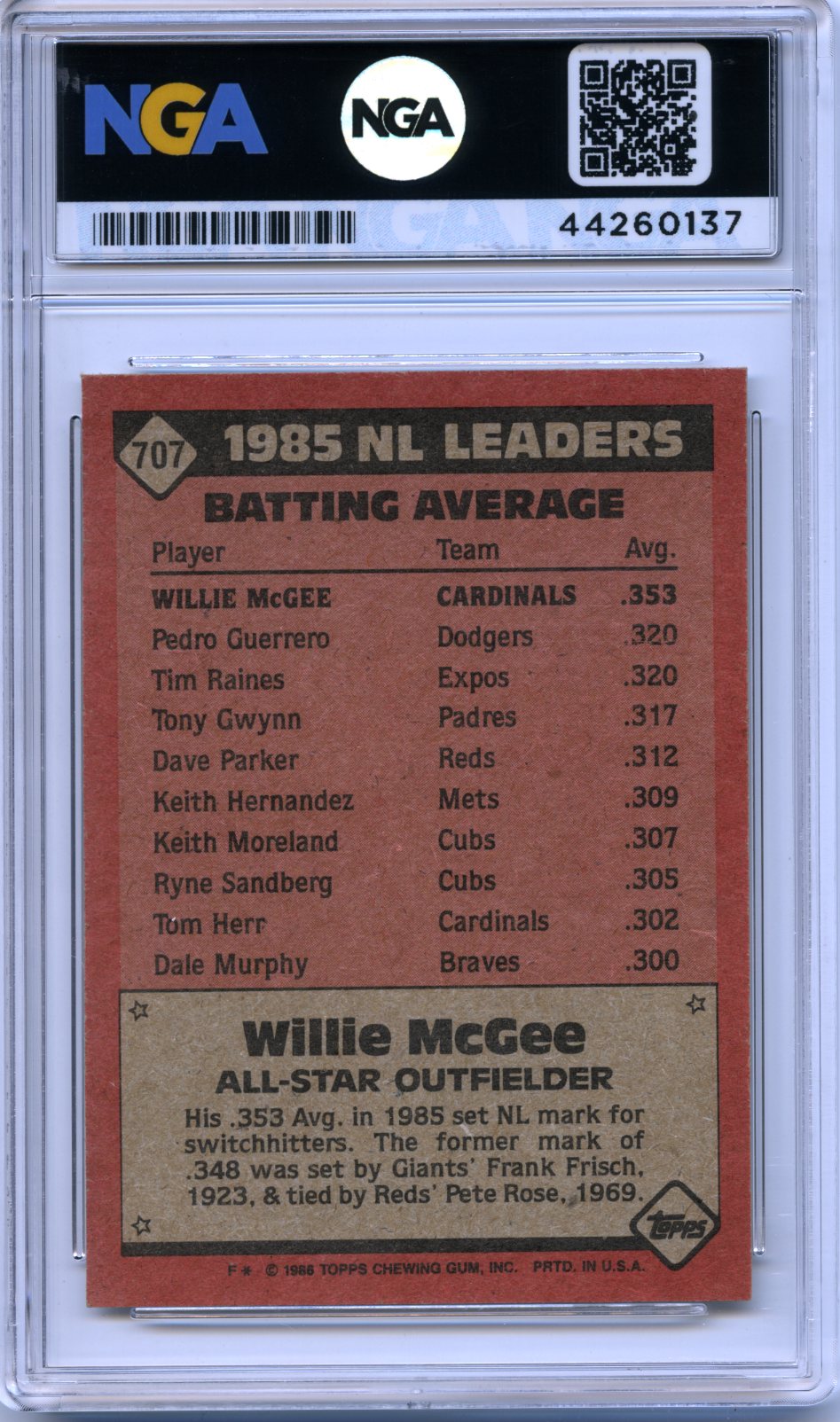1986 Topps #707 Willie McGee Other 10