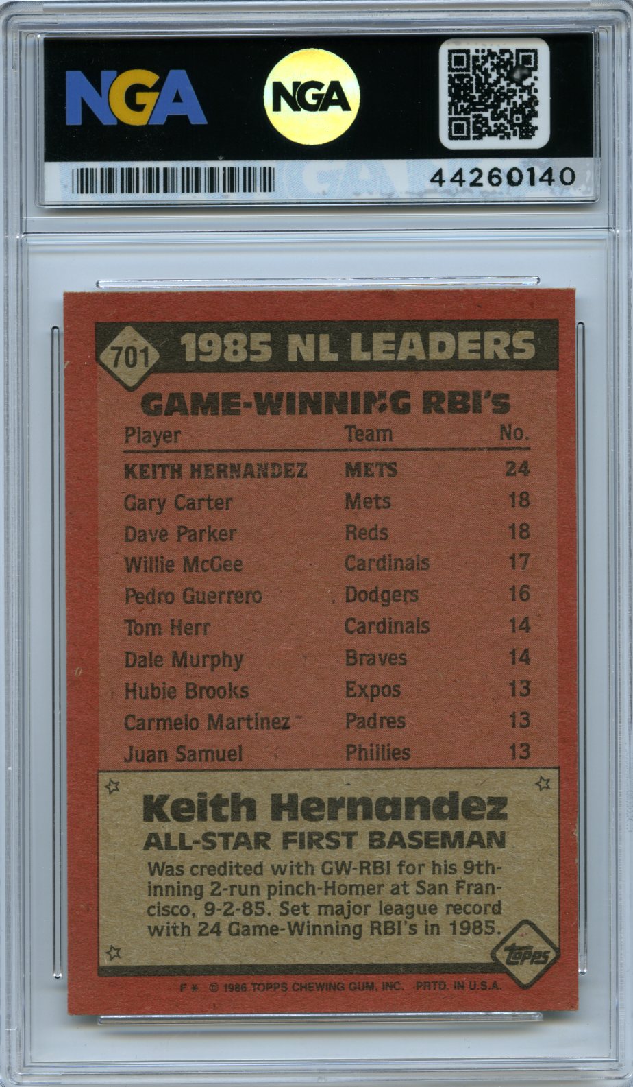 1986 Topps #701 Keith Hernandez Other 9.5