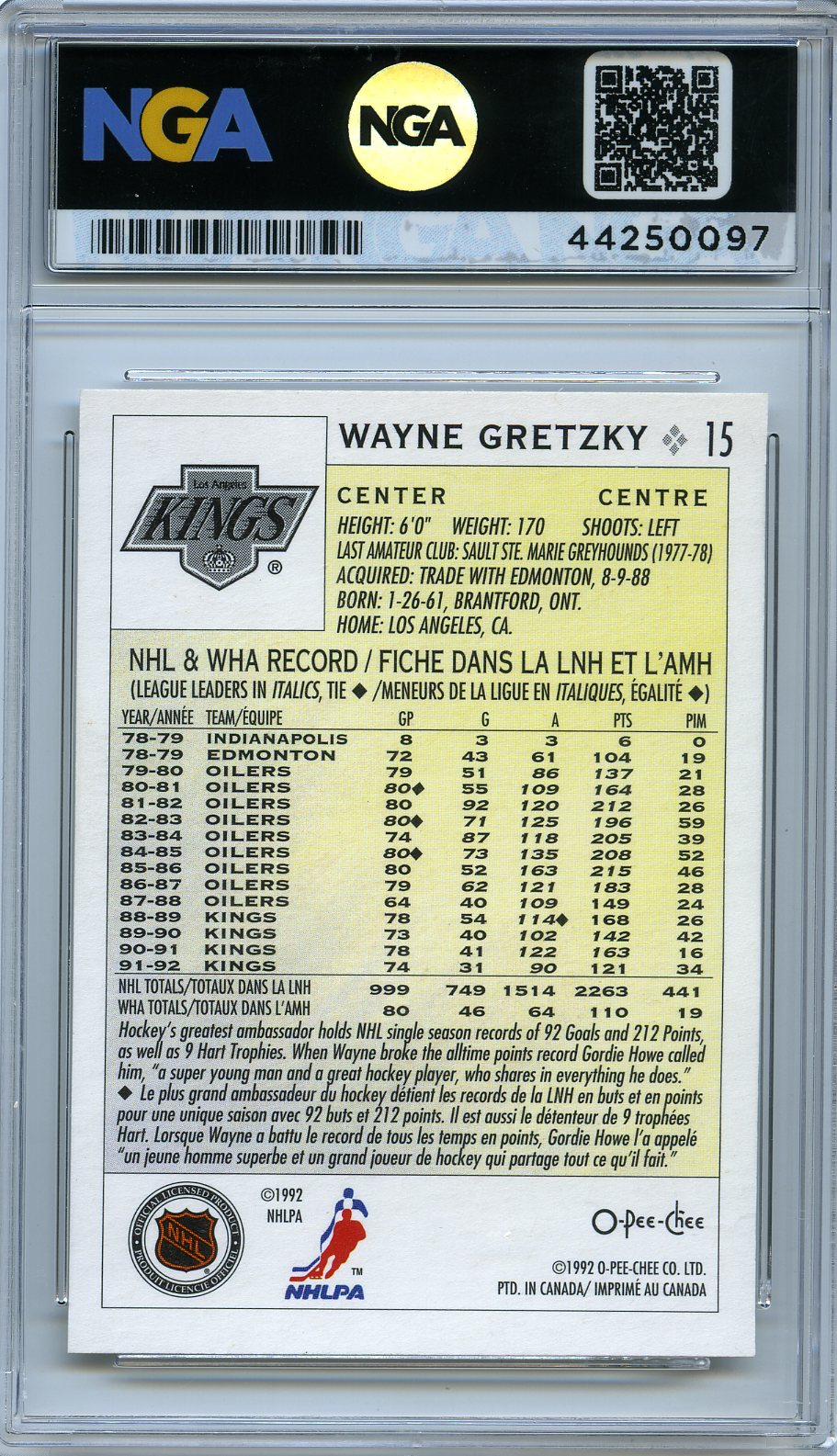 1992-93 O-Pee-Chee #15 Wayne Gretzky Other 8.5
