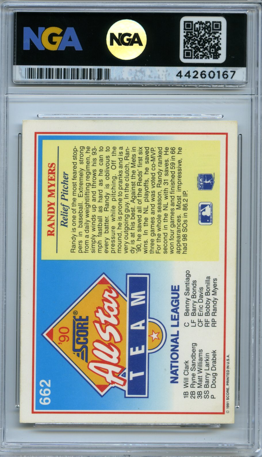 1991 Score #662 Randy Myers Other 9