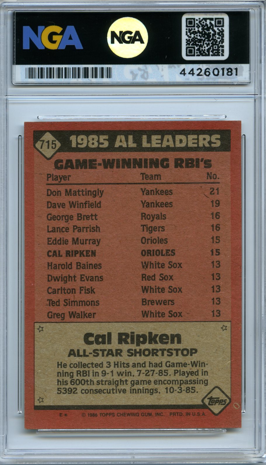 1986 Topps #715 Cal Ripken Other 9.5