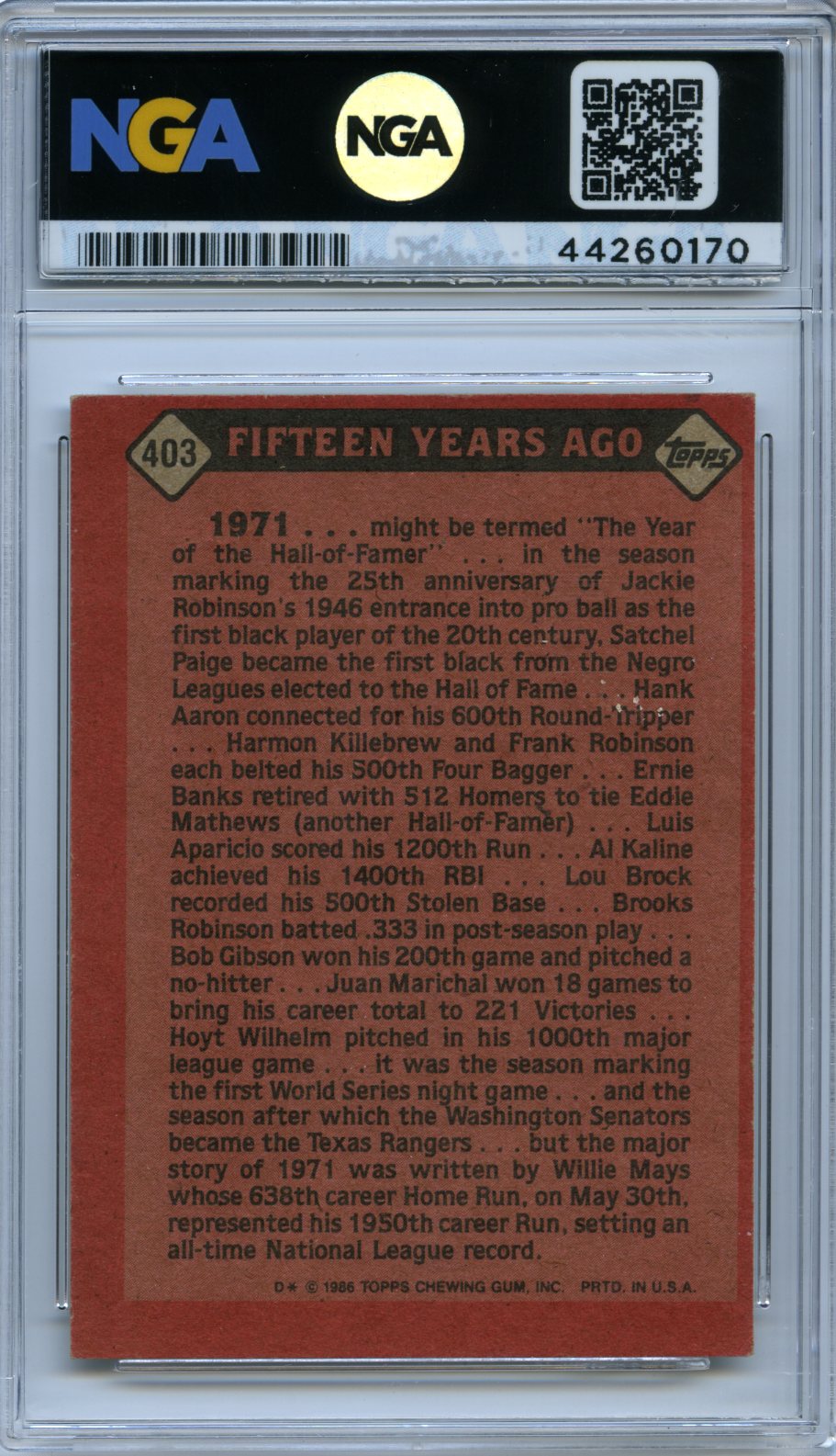 1986 Topps #403 Willie Mays Other 8.5
