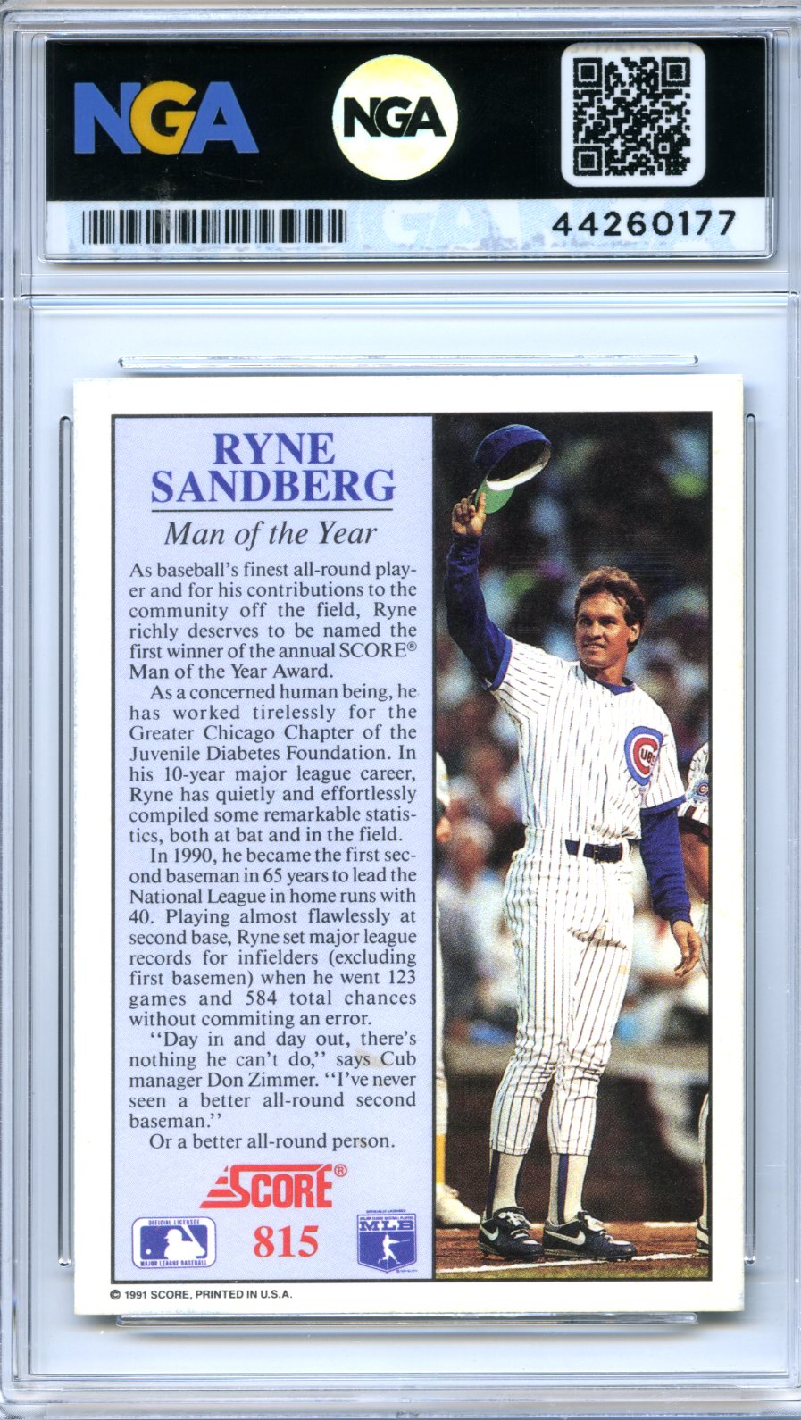 1991 Score #815 Ryne Sandberg NGA 9.5