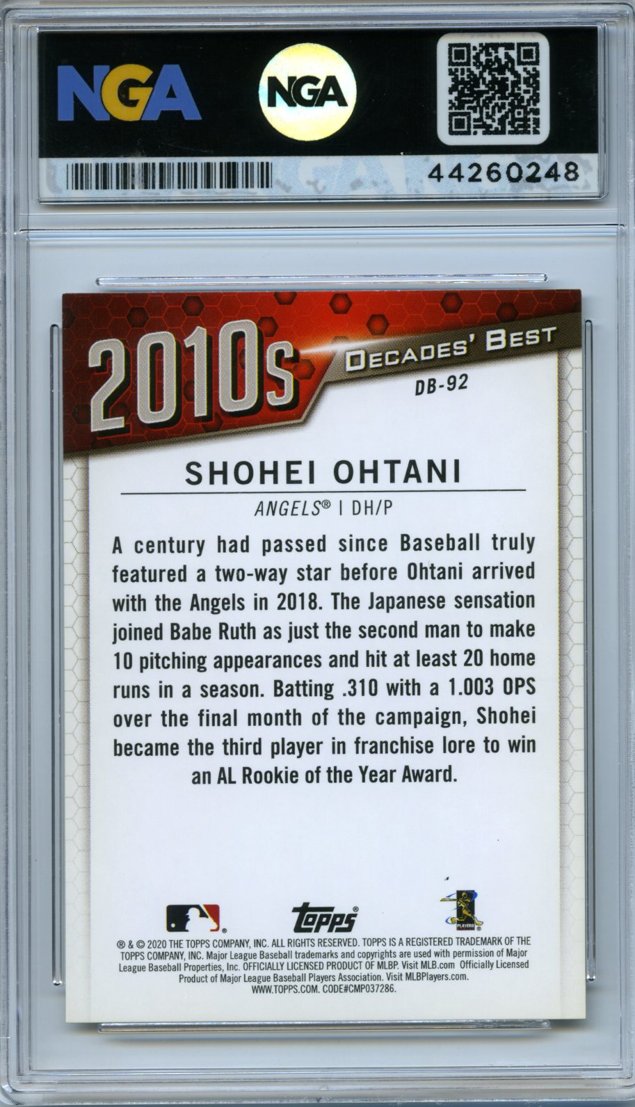 2020 Topps #DB-92 Shohei Ohtani Decades' Best (Series One)