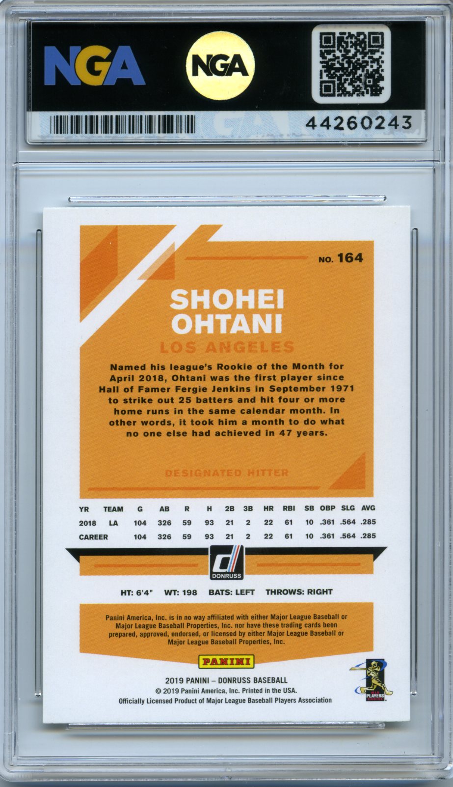 2019 Donruss #164 Shohei Ohtani NGA 10