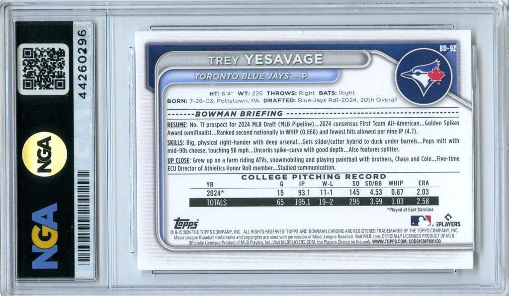 2024 Bowman Draft #BD-92 Trey Yesavage NGA 10
