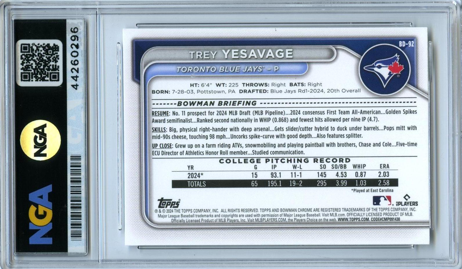 2024 Bowman Draft #BD-92 Trey Yesavage NGA 10
