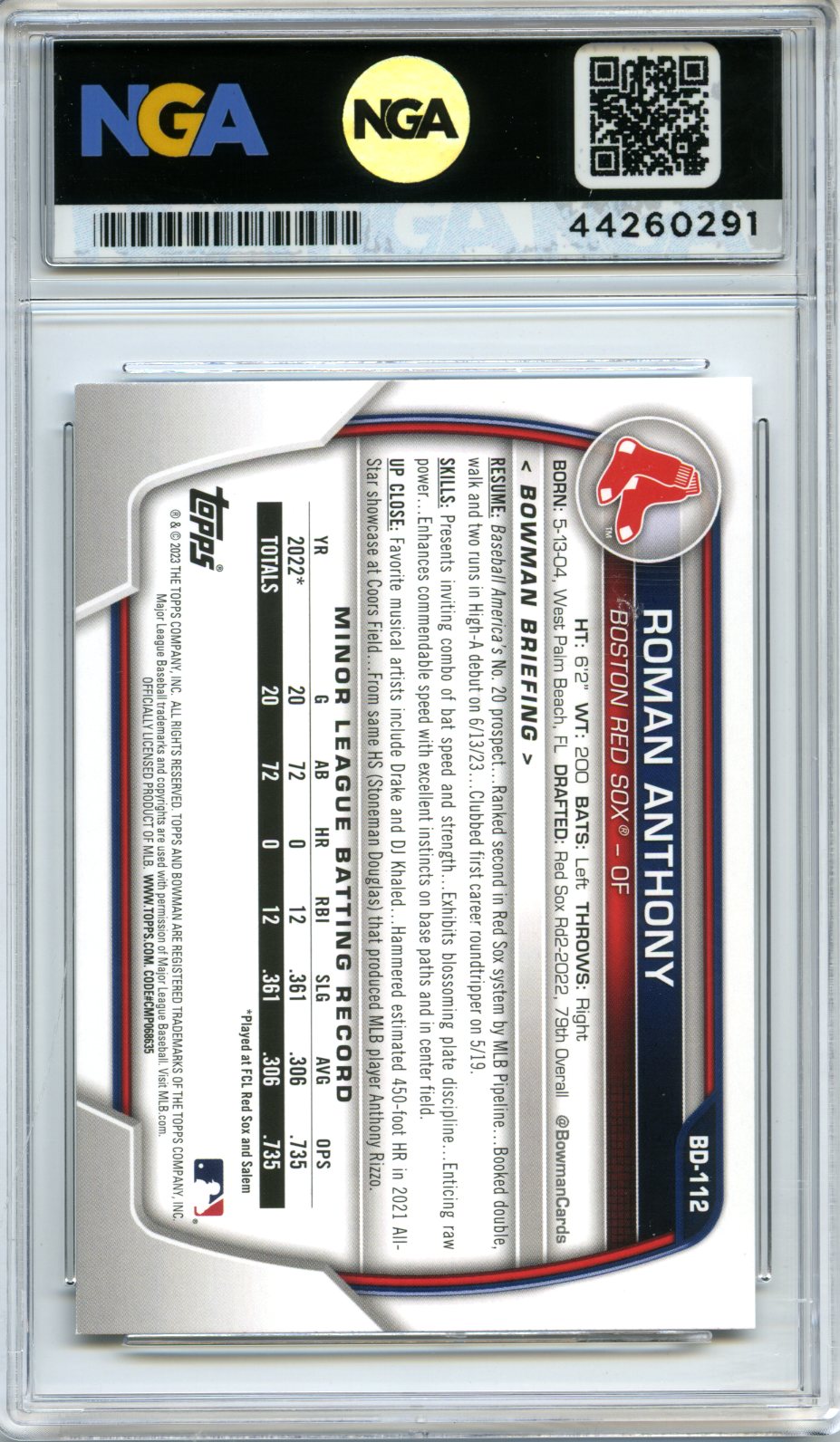 2023 Bowman Draft #BD-112 Roman Anthony NGA 10