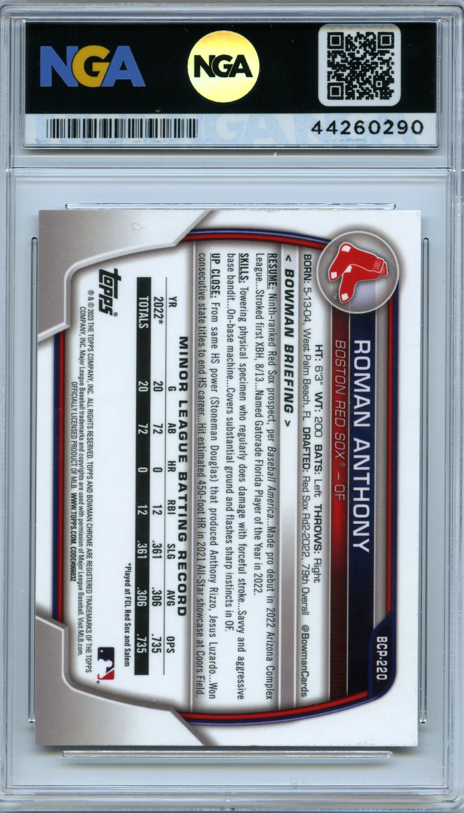2023 Bowman Chrome #BCP-220 Roman Anthony Prospects Mojo Refractor NGA 10