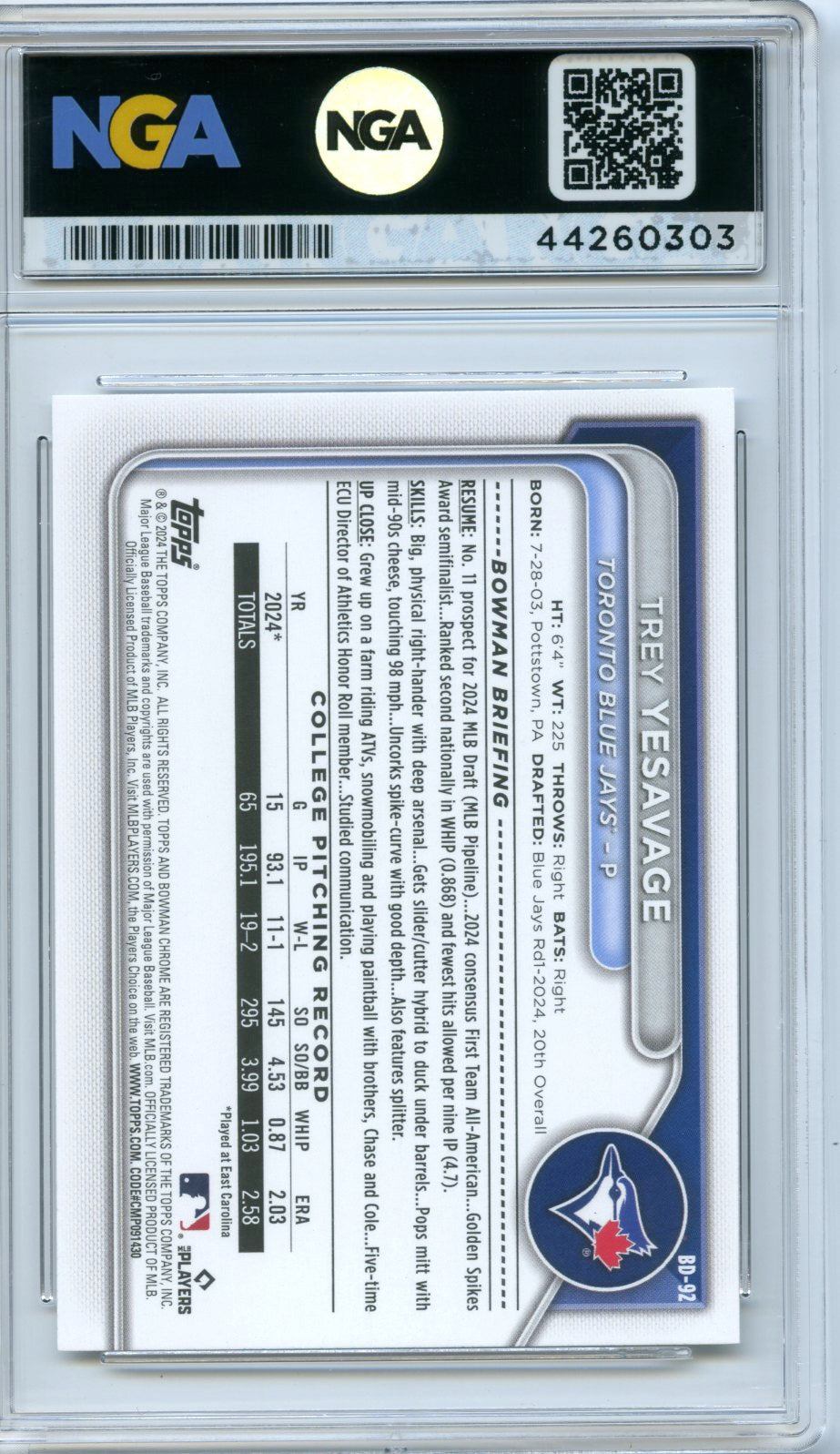 2024 Bowman Draft #BD-92 Trey Yesavage NGA 10