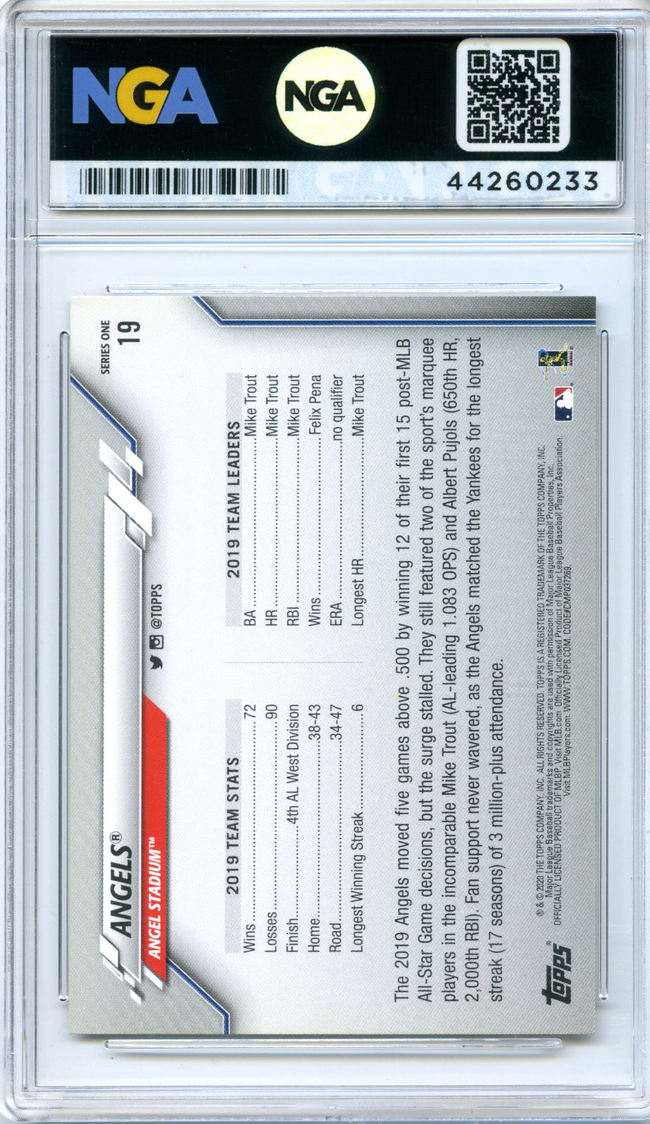2020 Topps #19 Los Angeles Angels Celebration of the Decades NGA 10