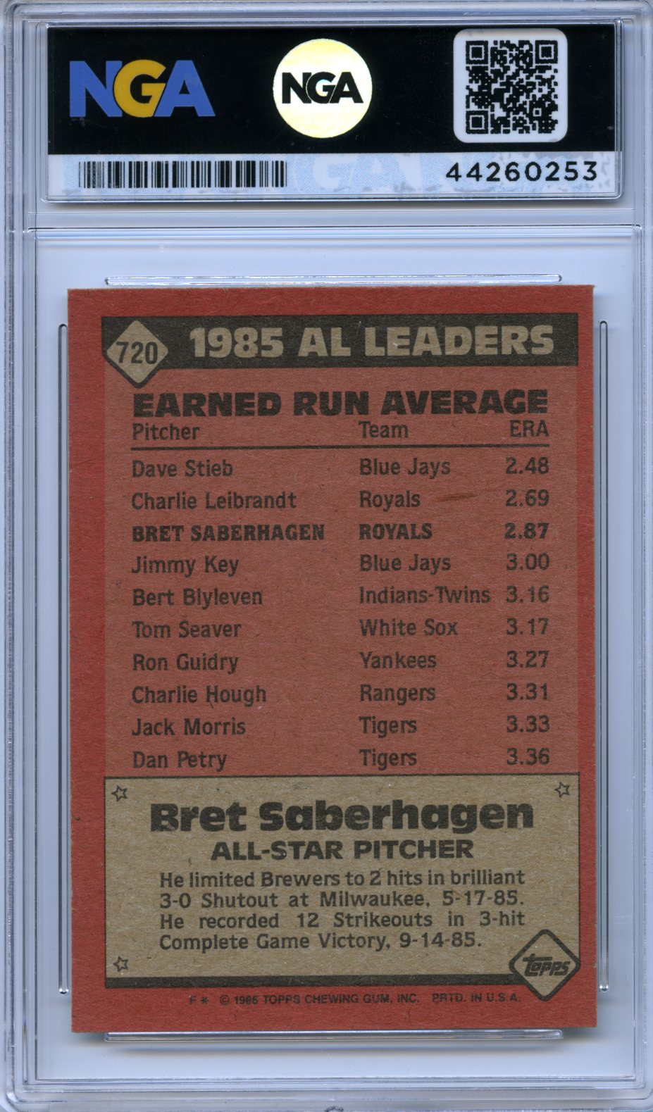 1986 Topps #720 Bret Saberhagen NGA 9