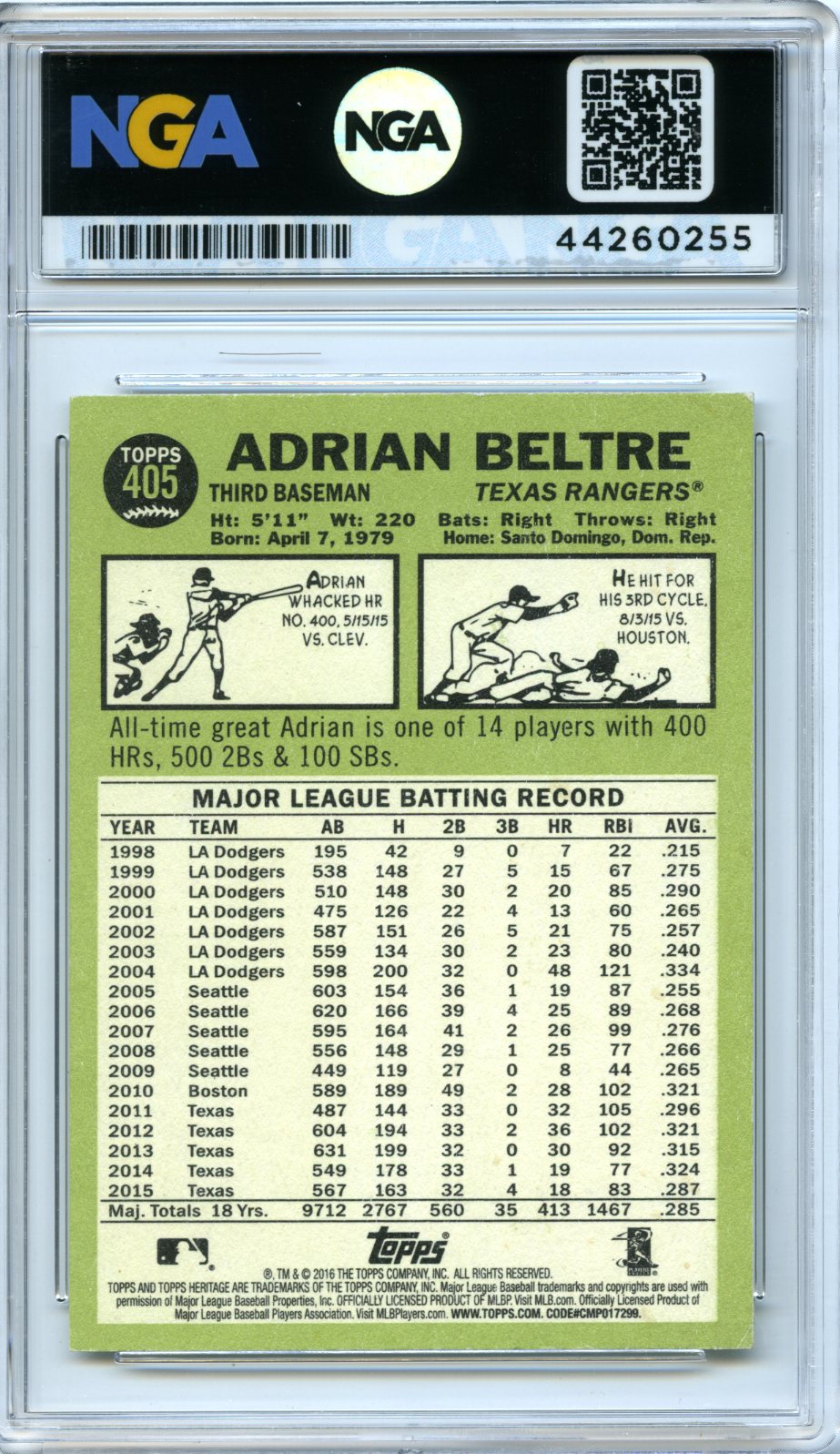 2016 Topps Heritage #405 Adrian Beltre NGA 9.5
