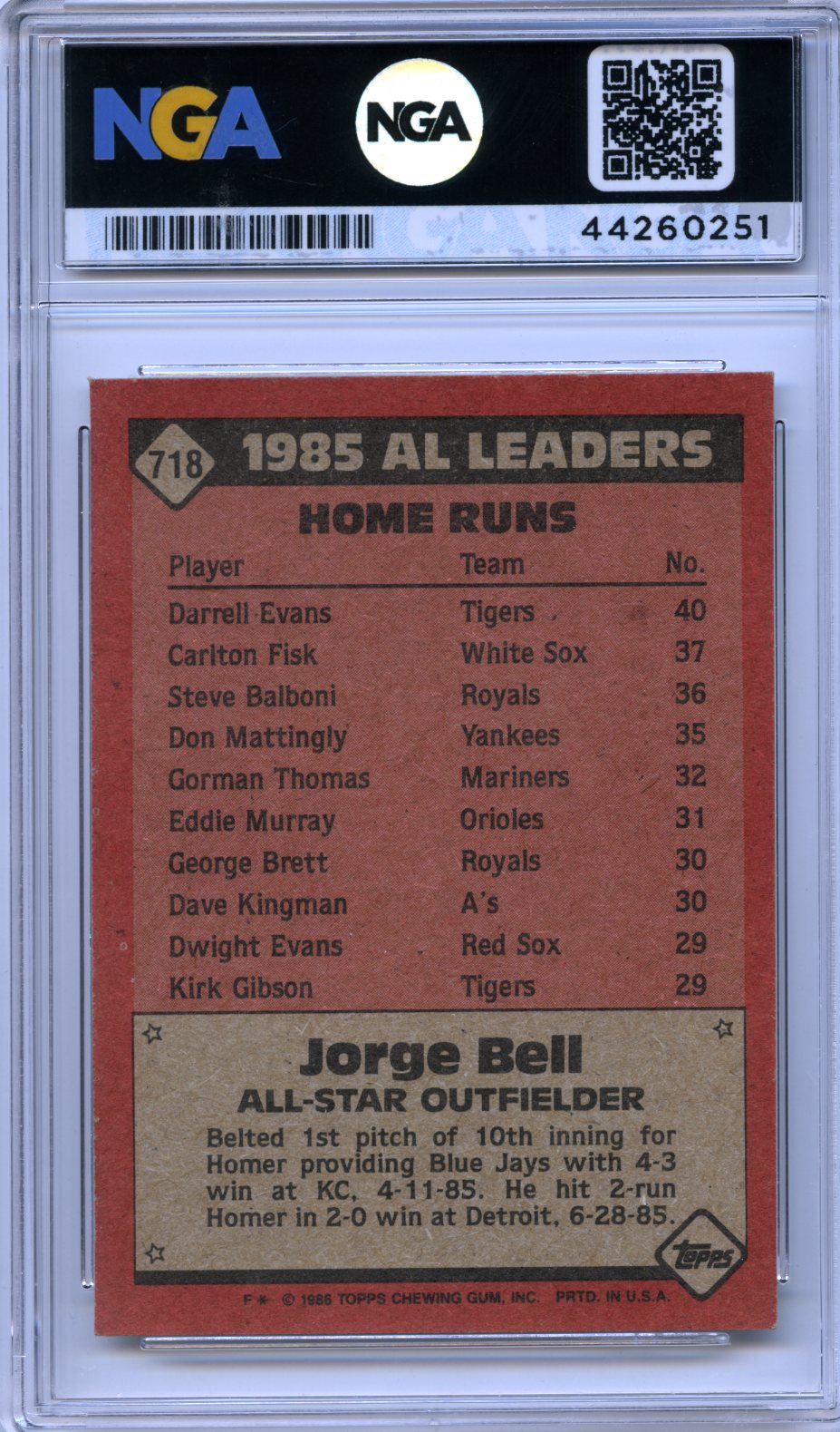 1986 Topps #718 Jorge Bell NGA 9