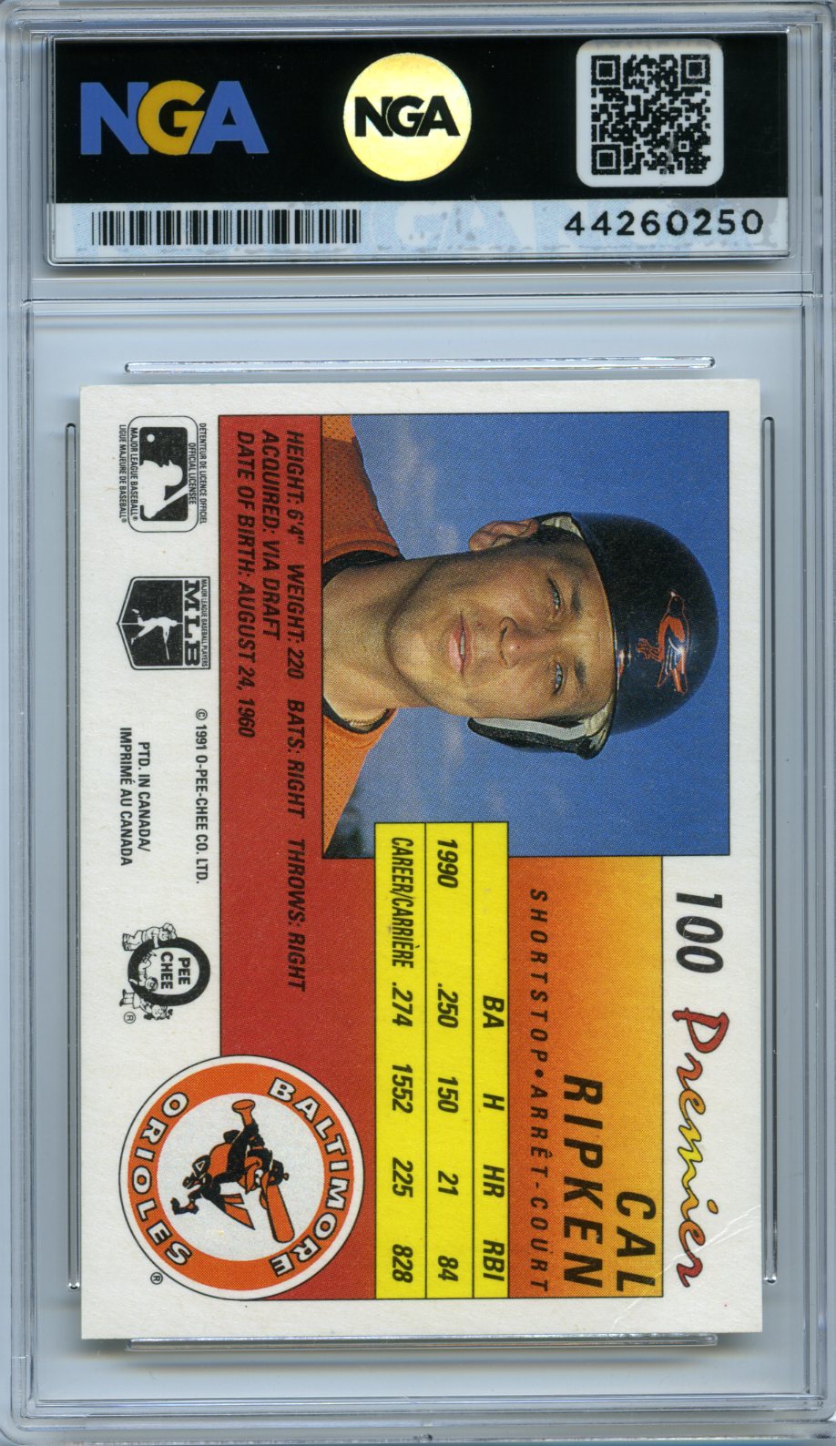 1991 O-Pee-Chee Premier #100 Cal Ripken NGA 10