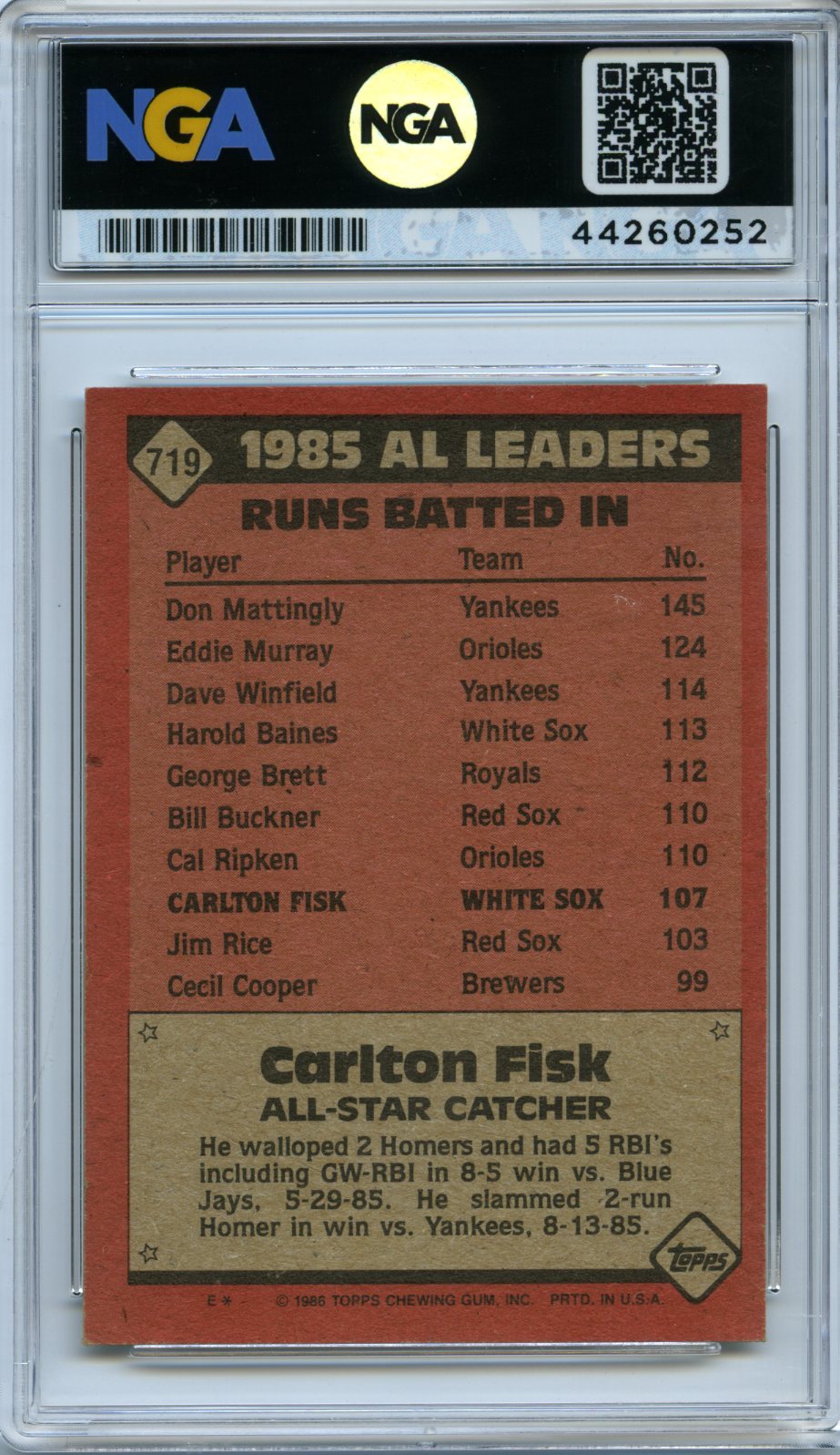 1986 Topps #719 Carlton Fisk NGA 10