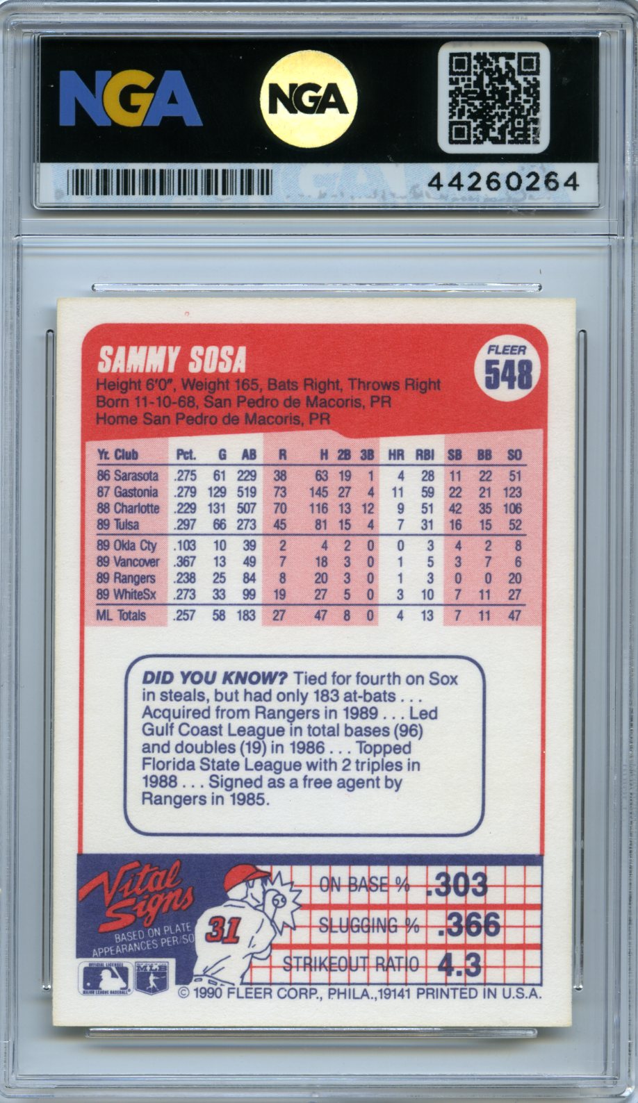 1990 Fleer Canadian #548 Sammy Sosa NGA 10