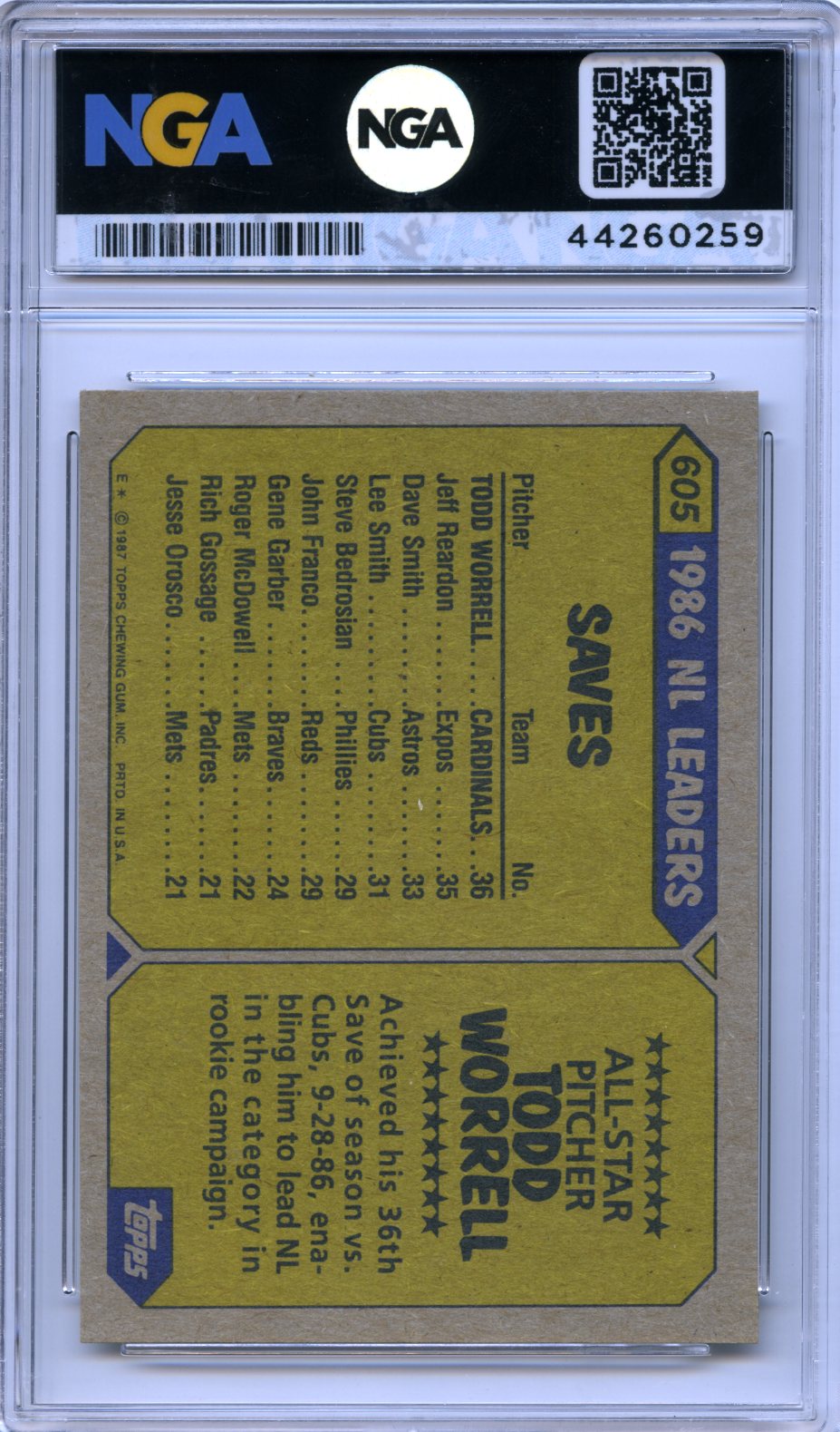 1987 Topps #605 Todd Worrell NGA 9