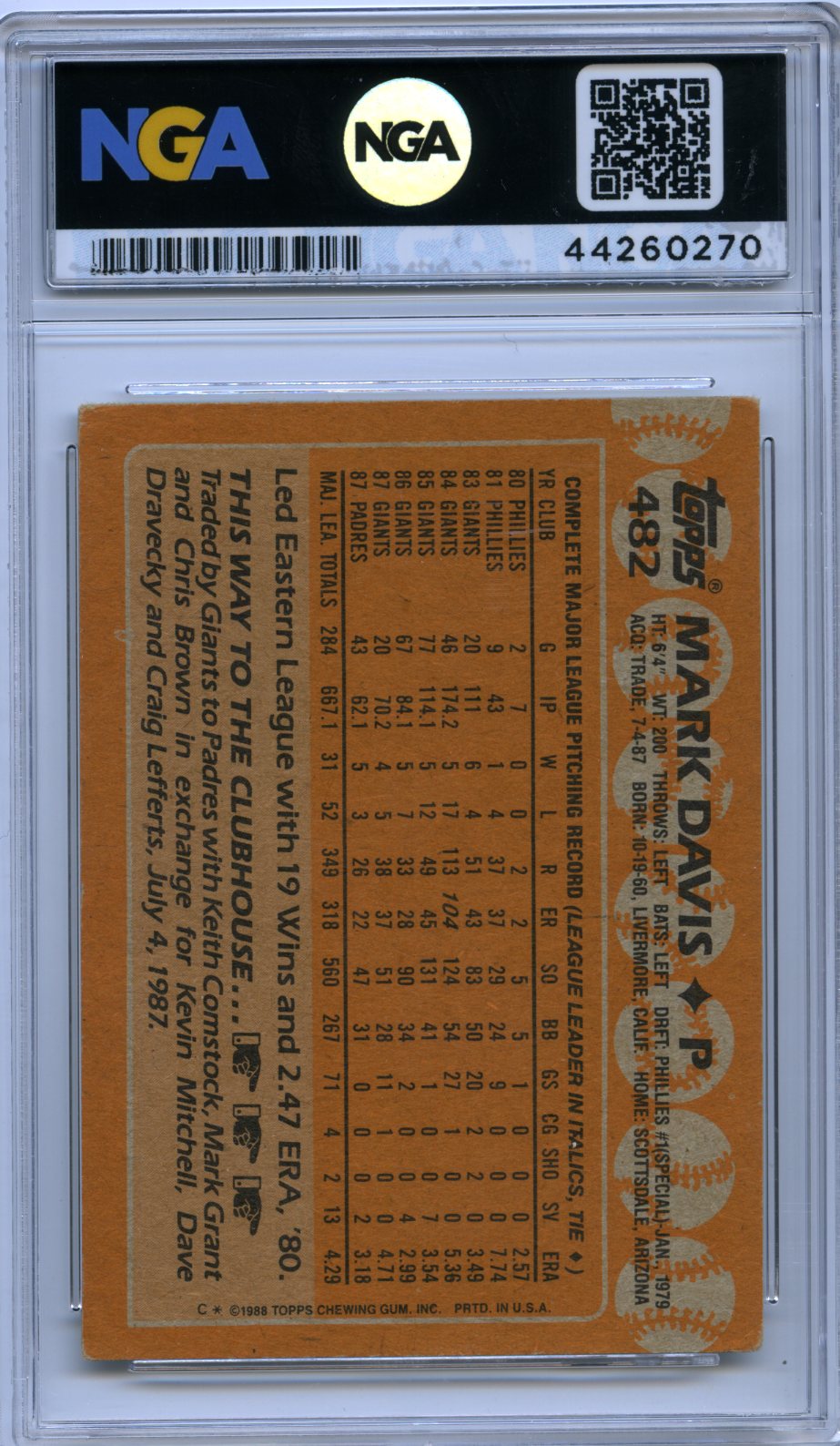 1988 Topps #482 Mark Davis NGA 7
