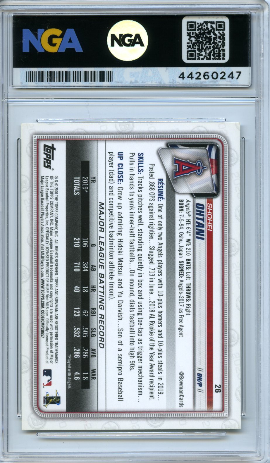 2020 Bowman #26 Shohei Ohtani NGA 8.5