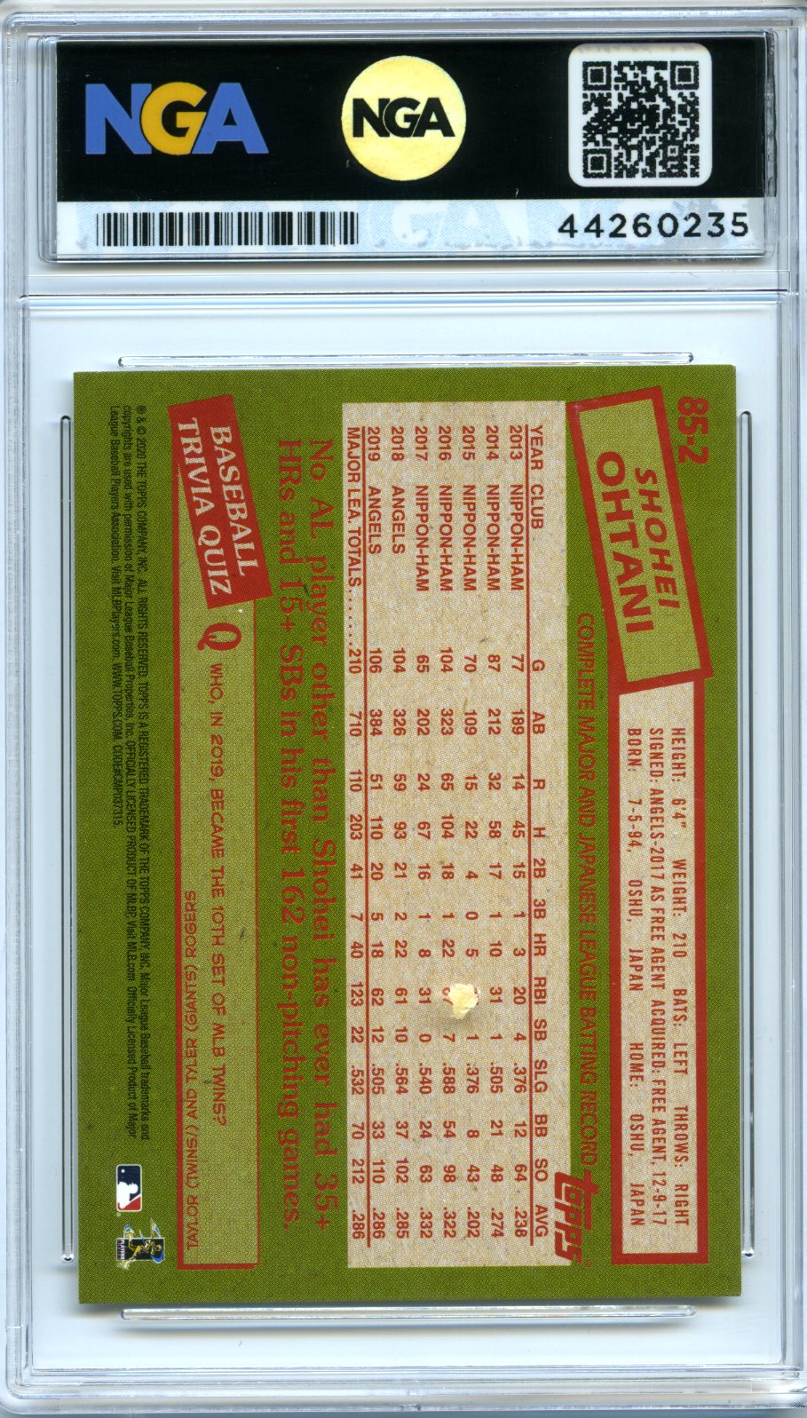 2020 Topps #85-2 Shohei Ohtani 1985 Topps Baseball 35th Anniversary NGA 10