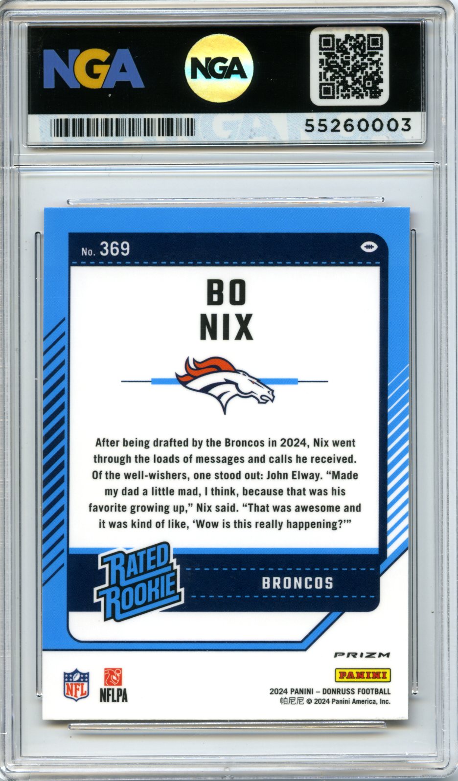2024 Donruss #369 Bo Nix Optic Rated Rookies Preview Red and Green NGA 10