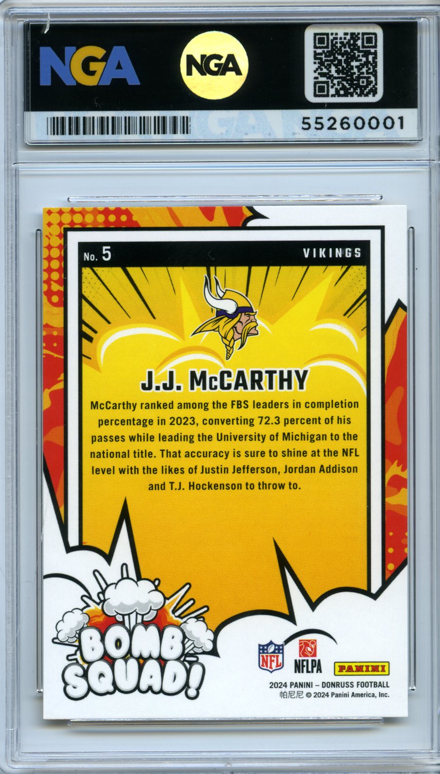 2024 Donruss #5 J.J. McCarthy Bomb Squad NGA 10