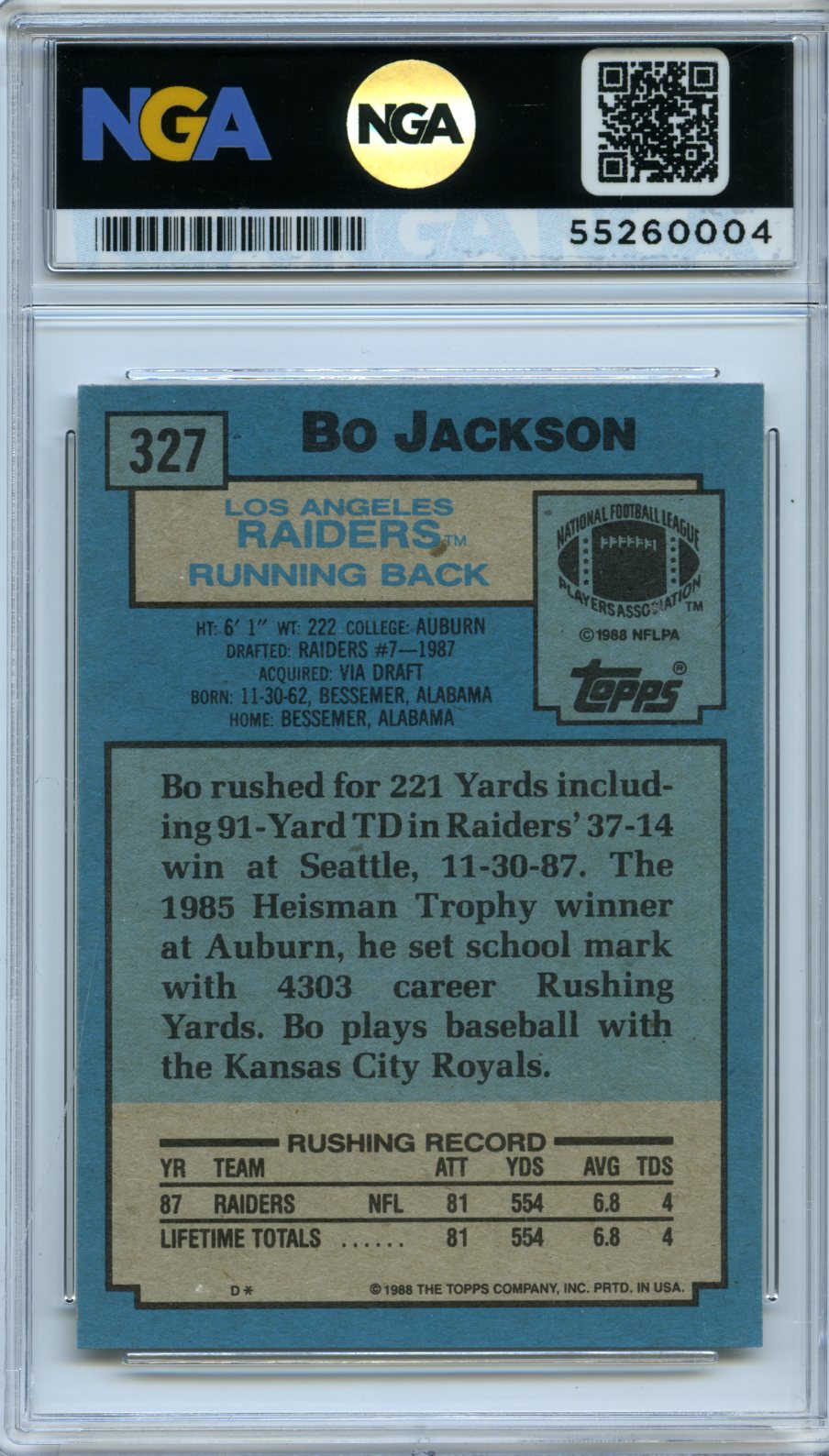 1988 Topps #327 Bo Jackson NGA 10