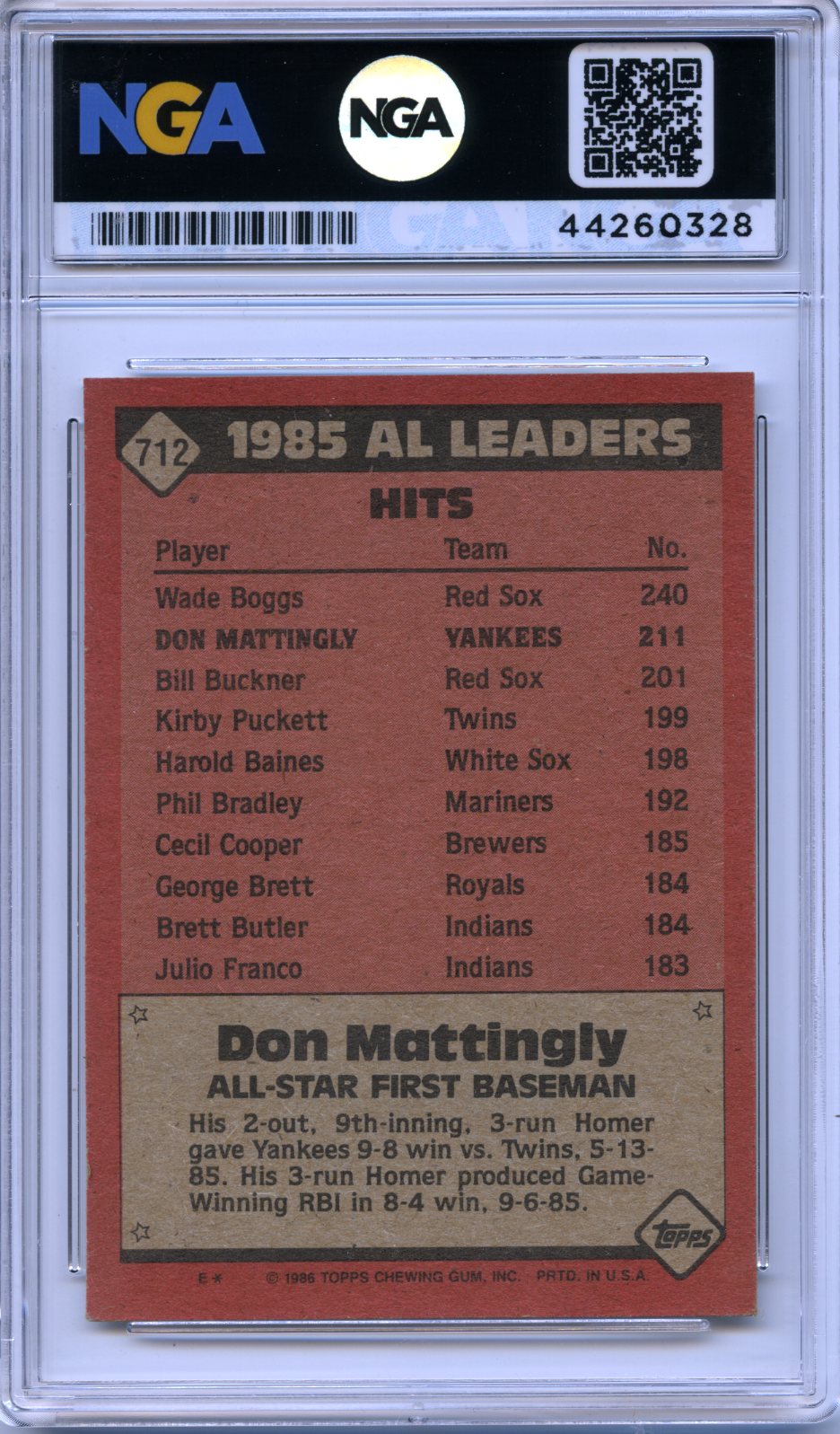 1986 Topps #712 Don Mattingly NGA 9