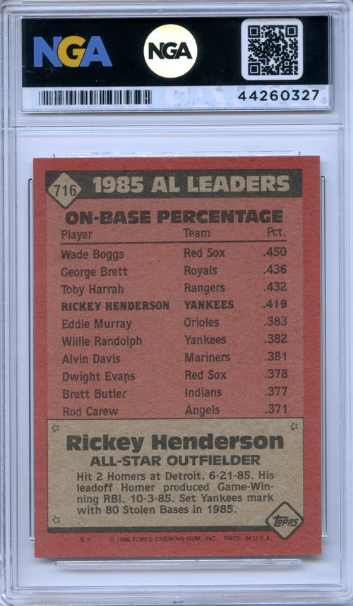 1986 Topps #716 Rickey Henderson NGA 9