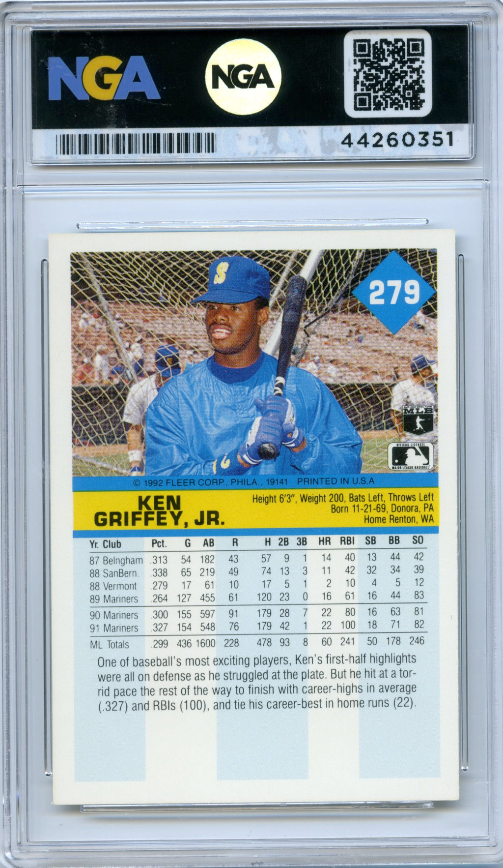 1992 Fleer #279 Ken Griffey, Jr. NGA 10