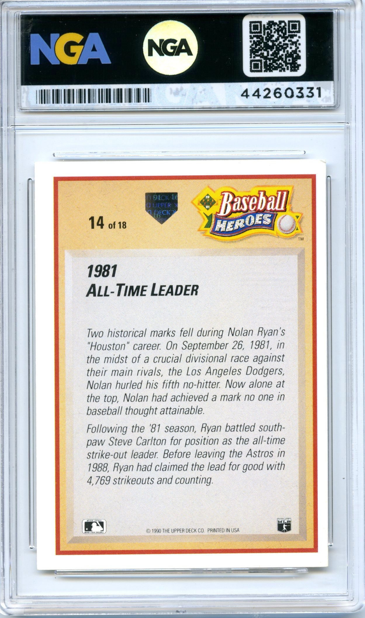 1991 Upper Deck #14 Nolan Ryan Baseball Heroes: Nolan Ryan NGA 9