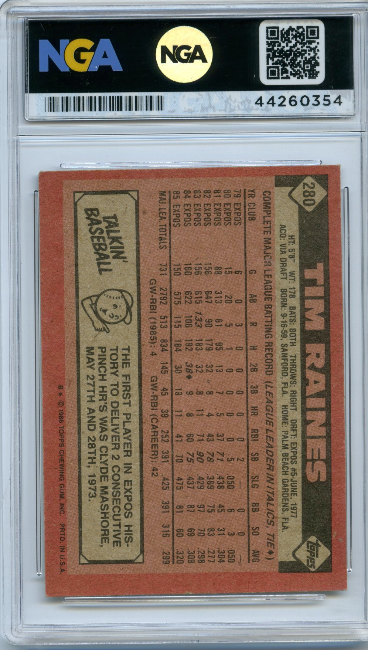 1986 Topps #280 Tim Raines NGA 8