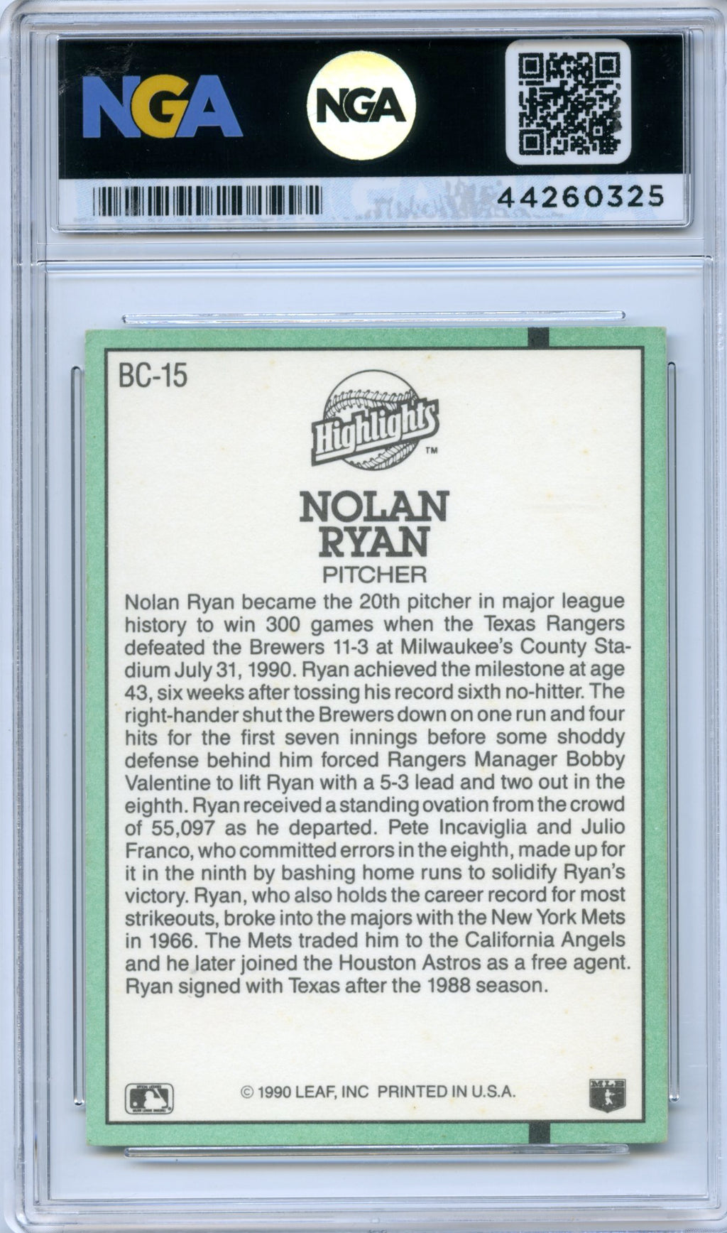 1991 Donruss #BC-15b Nolan Ryan Bonus Cards NGA 7