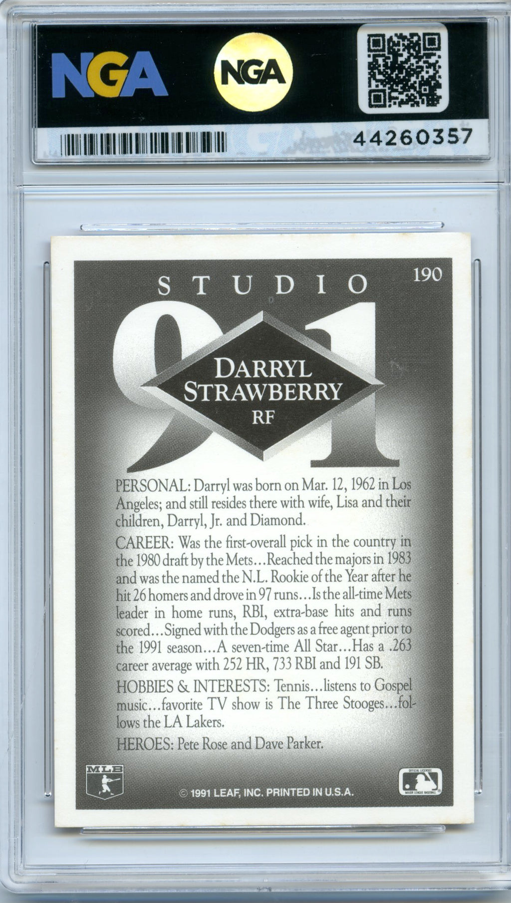 1991 Studio #190 Darryl Strawberry NGA 9
