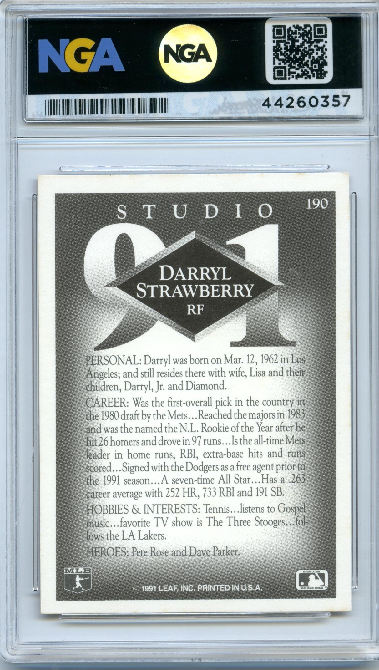 1991 Studio #190 Darryl Strawberry NGA 9