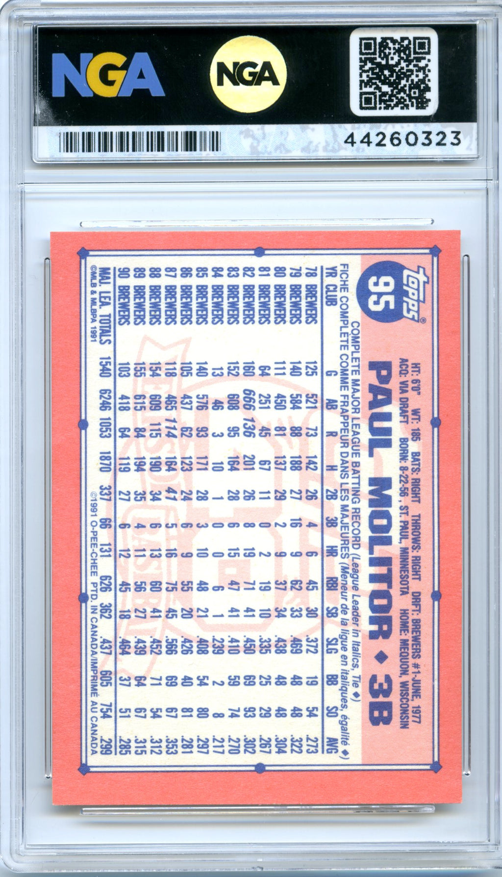 1991 Topps Cracker Jack Series One #2 Paul Molitor NGA 9