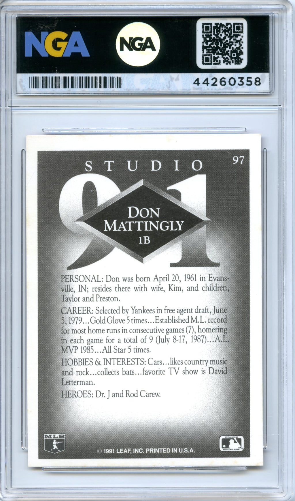 1991 Studio #97 Don Mattingly NGA 9
