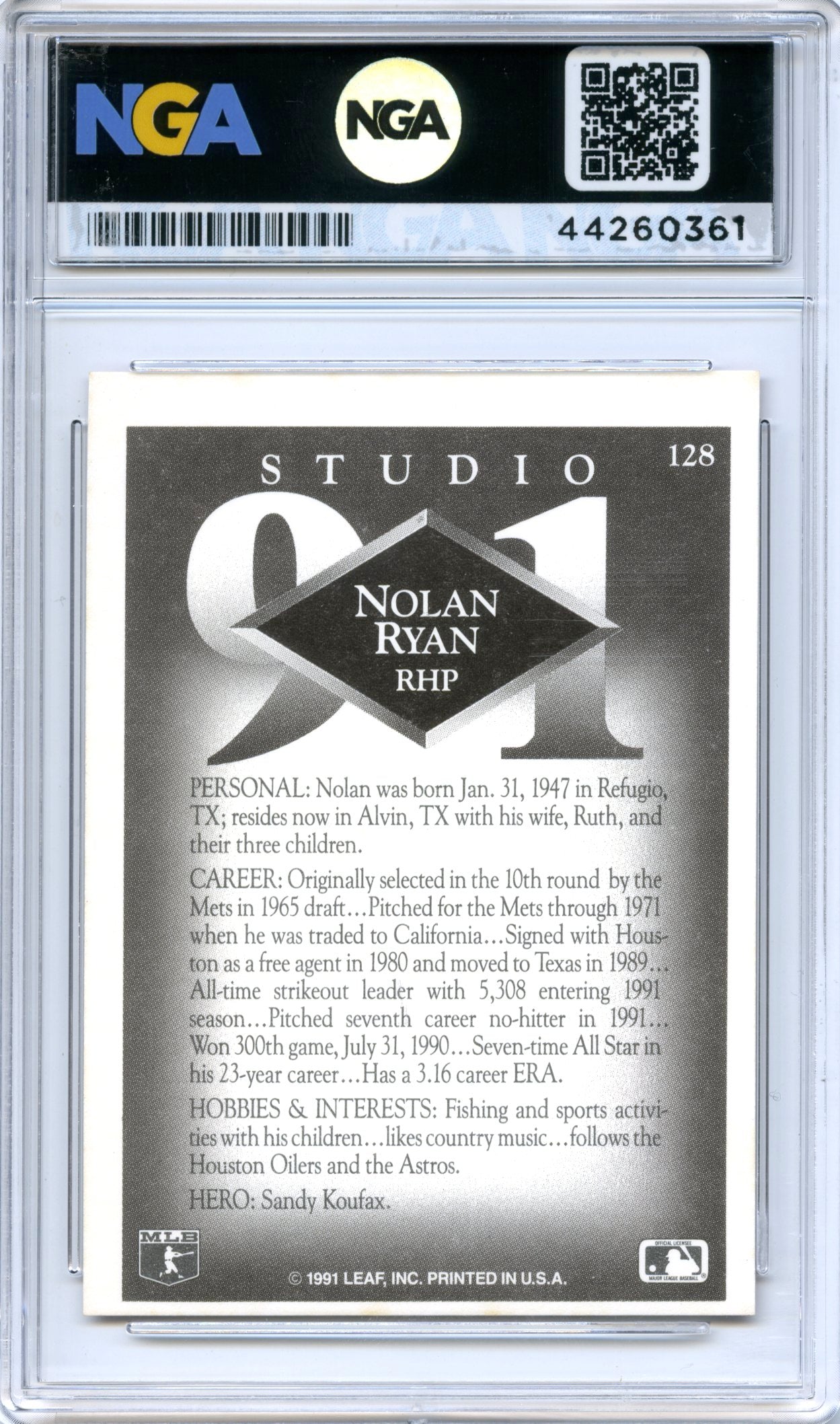 1991 Studio #128 Nolan Ryan NGA 8.5