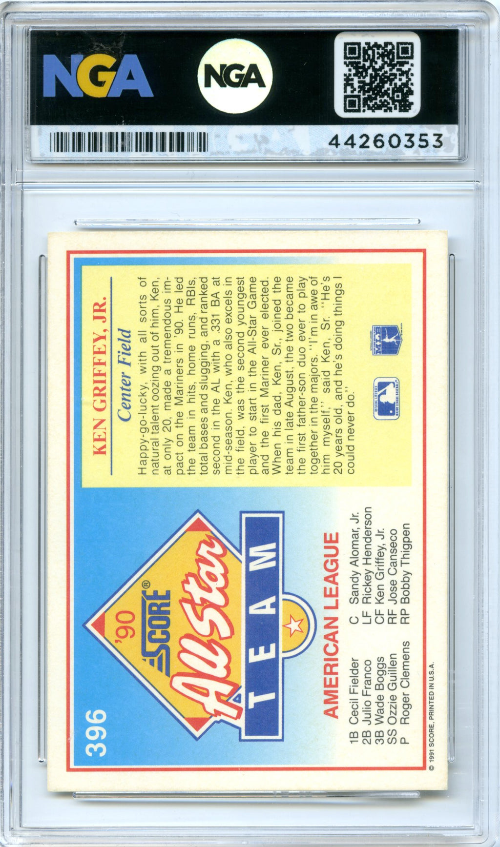 1991 Score #396 Ken Griffey, Jr. NGA 9.5