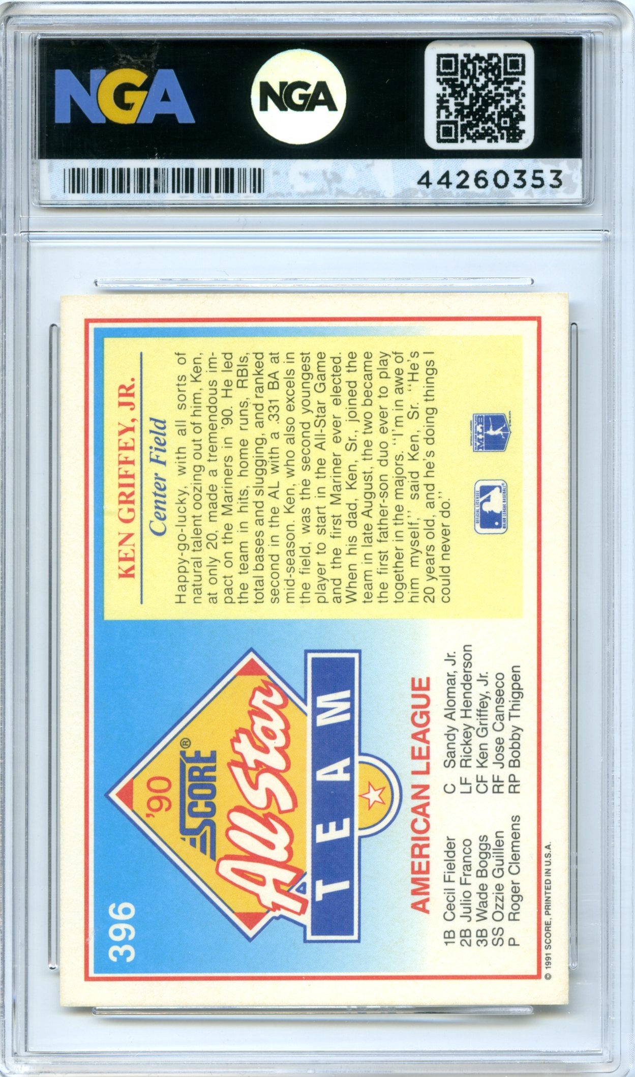 1991 Score #396 Ken Griffey, Jr. NGA 9.5