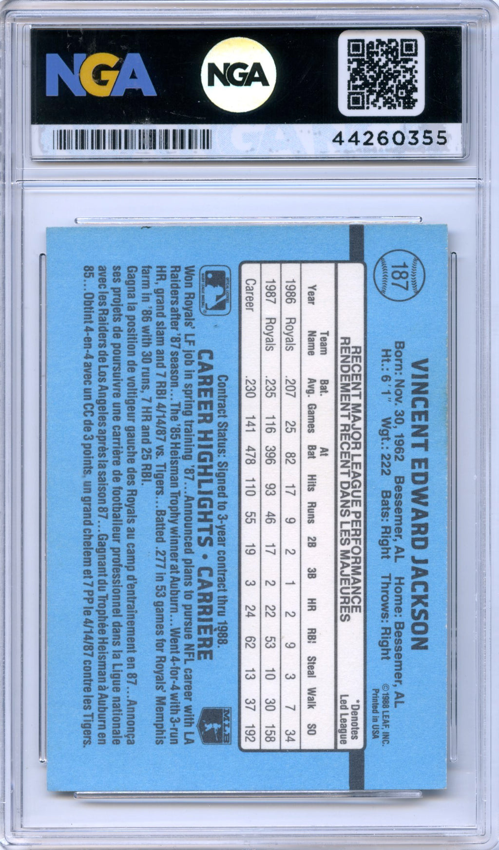 1988 Donruss #220b Bo Jackson NGA 9