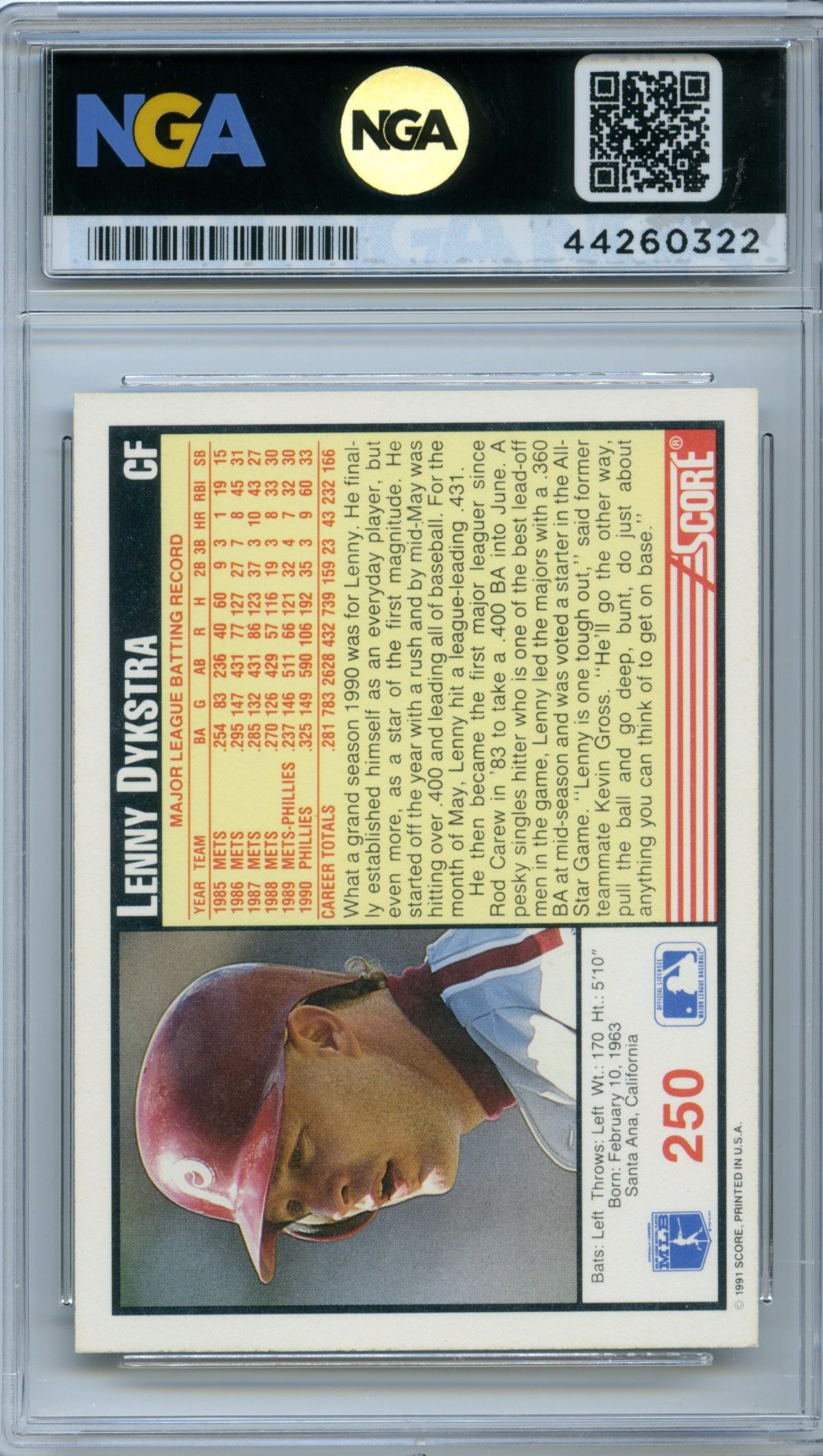 1991 Score #250 Lenny Dykstra NGA 9