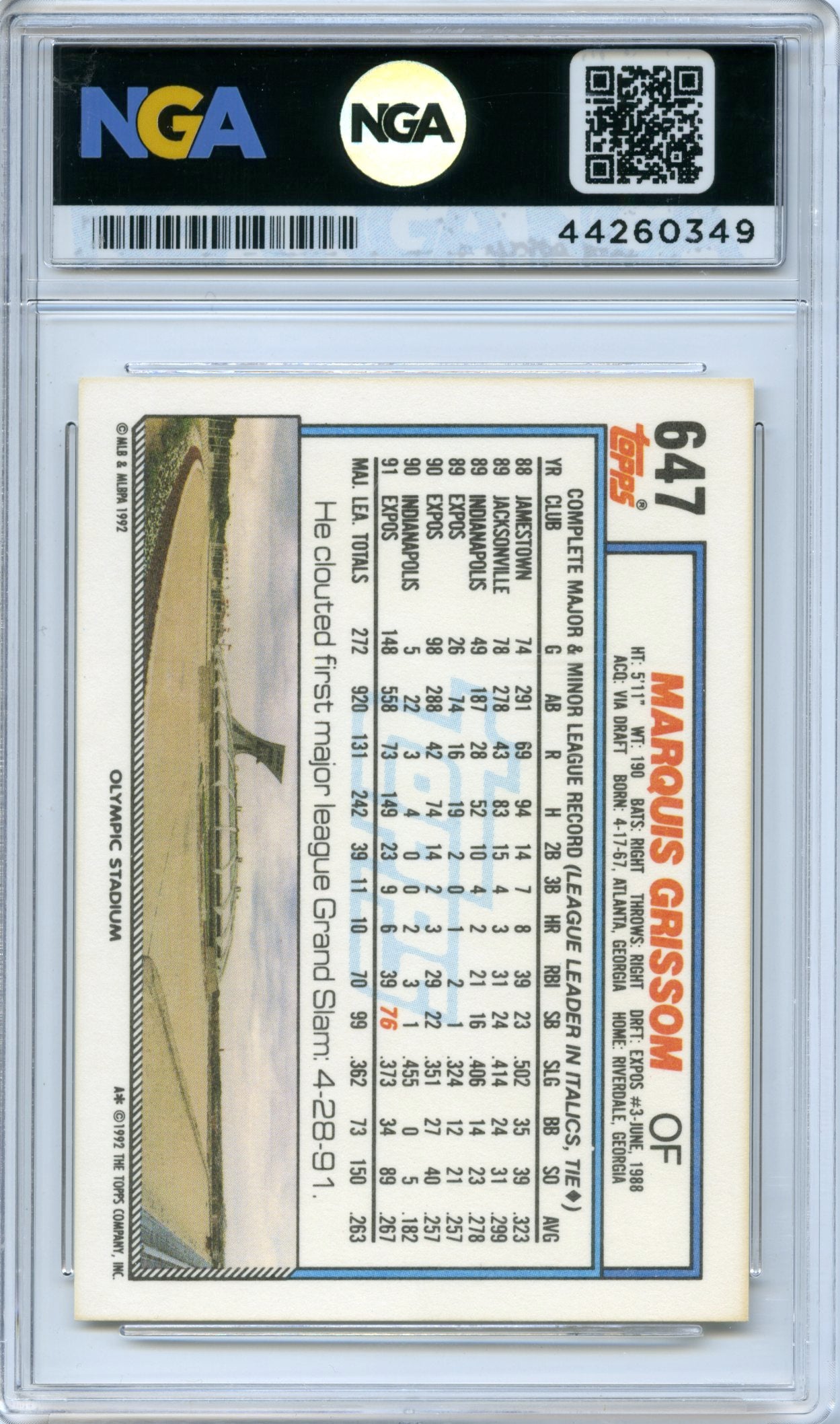 1992 Topps Micro #647 Marquis Grissom NGA 9