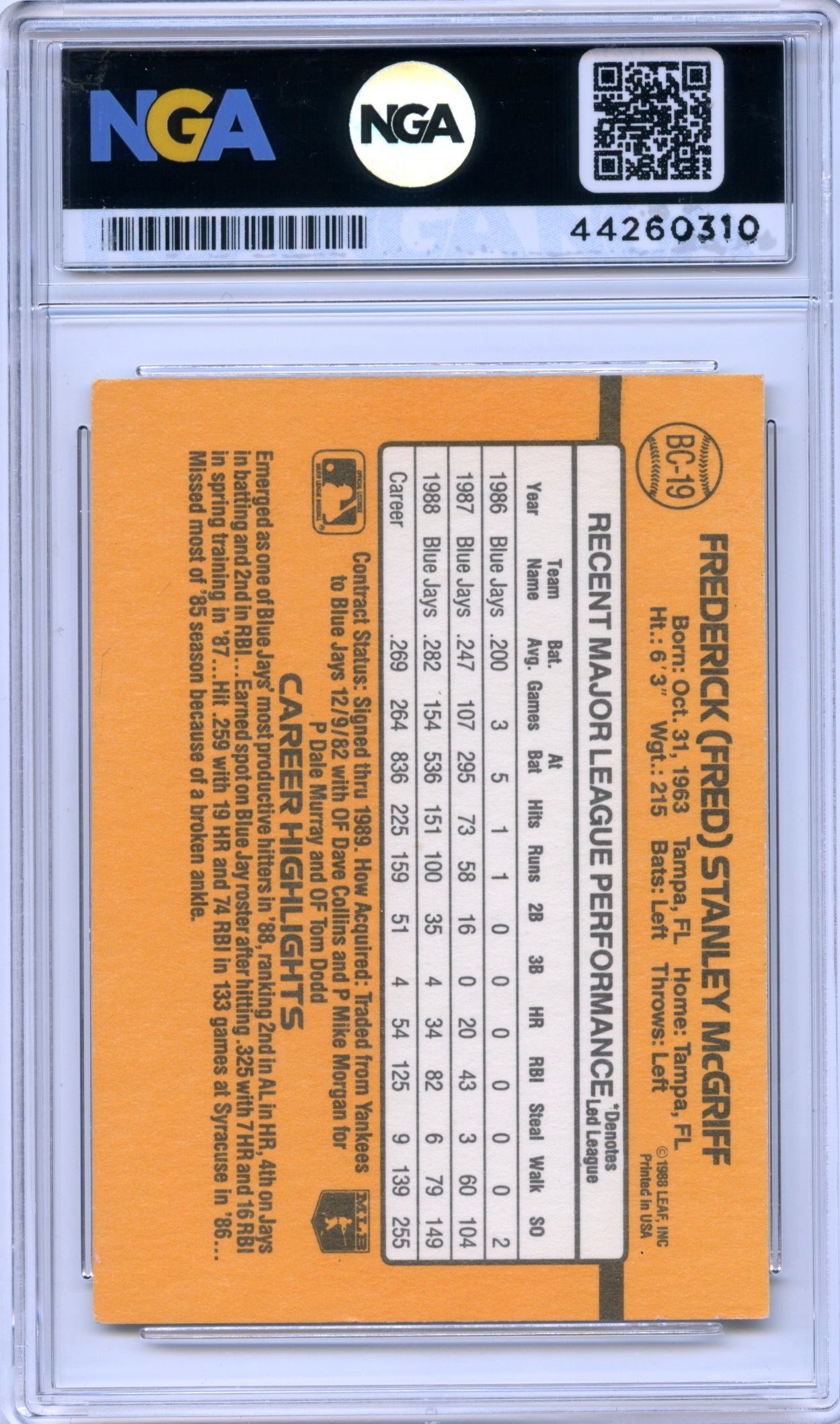 1989 Donruss #BC-19 Fred McGriff Bonus MVP's  NGA 7
