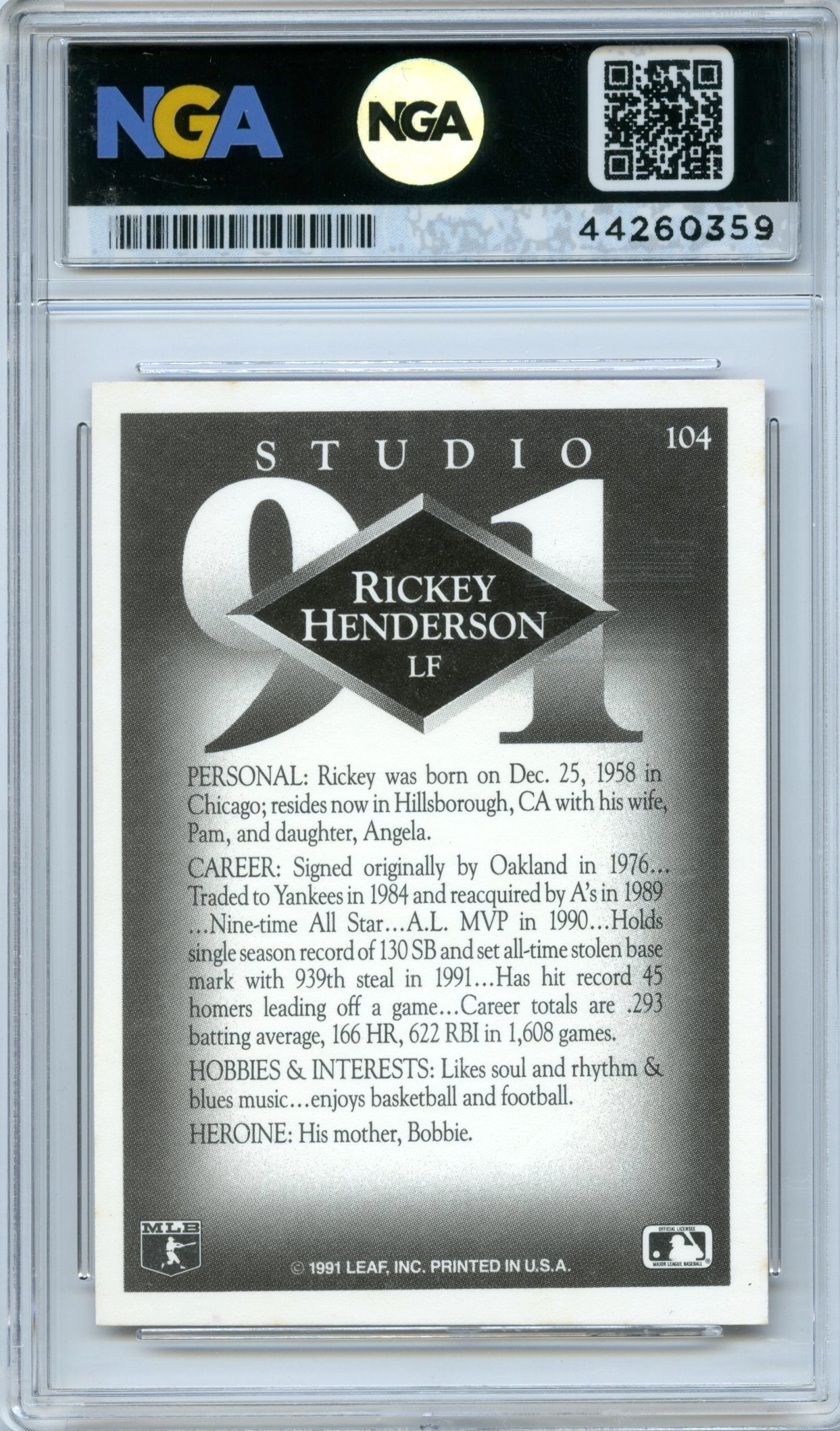 1991 Studio #104 Rickey Henderson NGA 9